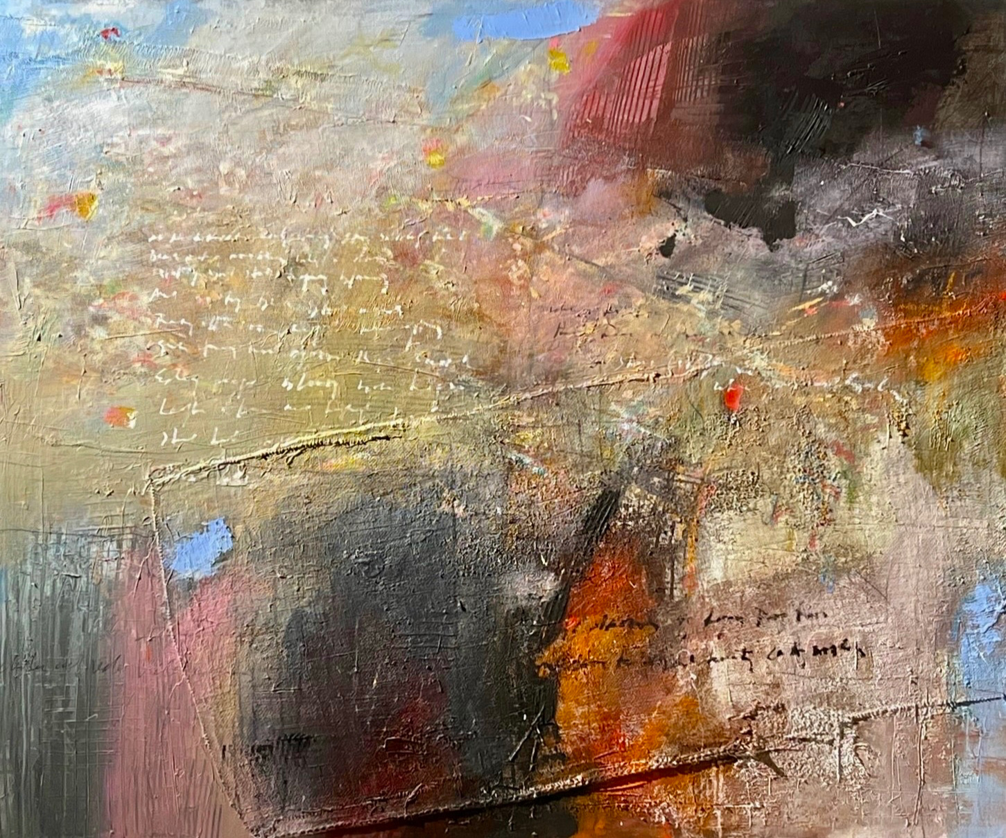 "Glory Blooms" 60"x72" oil and mixed media on canvas. Based on my poem of the same name about the start of the war in Ukraine. Now part of the permanent collection at Marietta Cobb Museum of Art, Marietta, Georgia, USA.