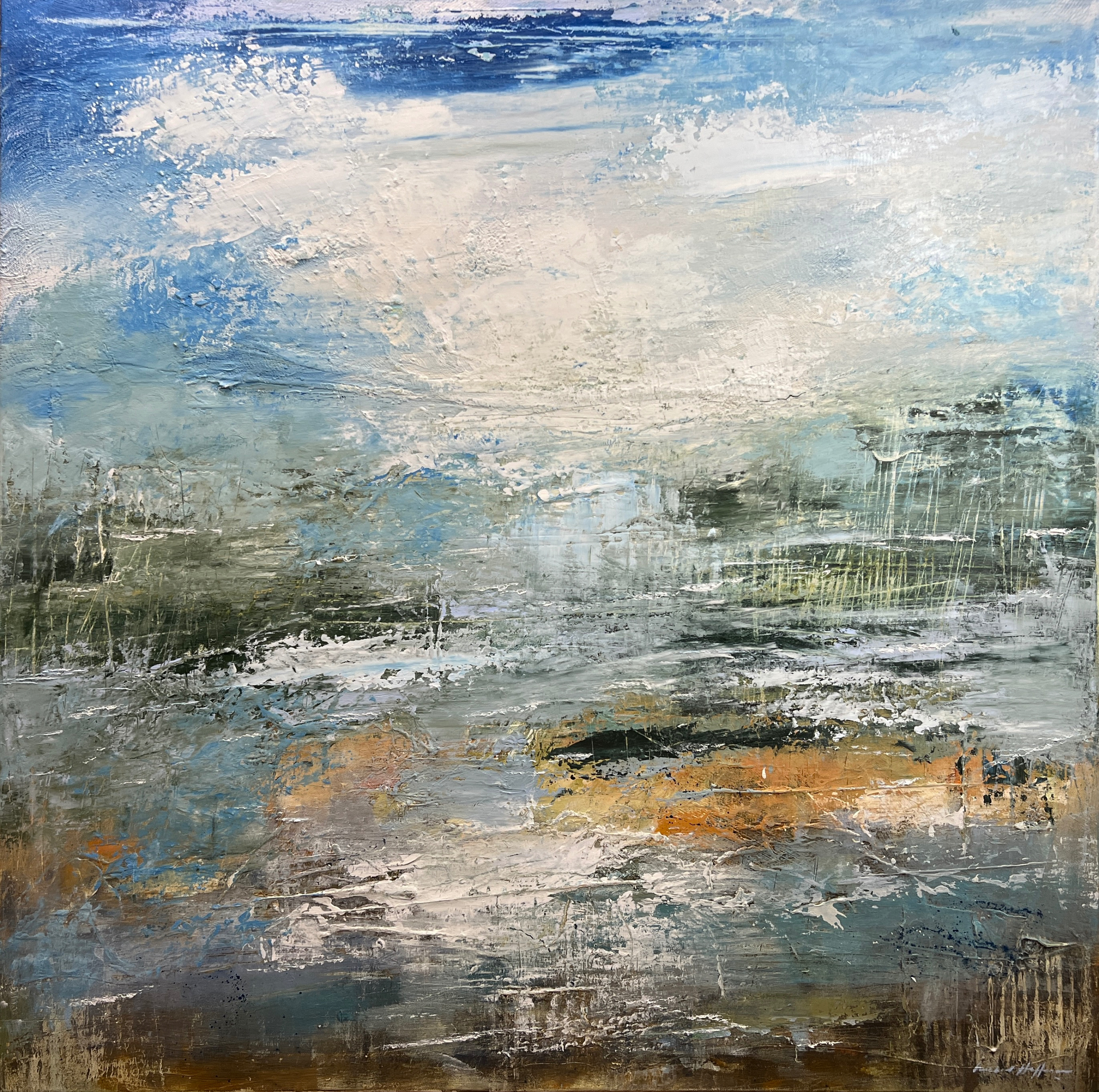40"x40" oil and cold wax on canvas. The Banks Series.