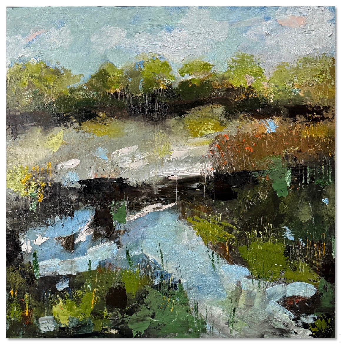 Spring Beaver Dam, Chattahoochee River Creek. 24x24 Inches, oil on cradled wood panel.