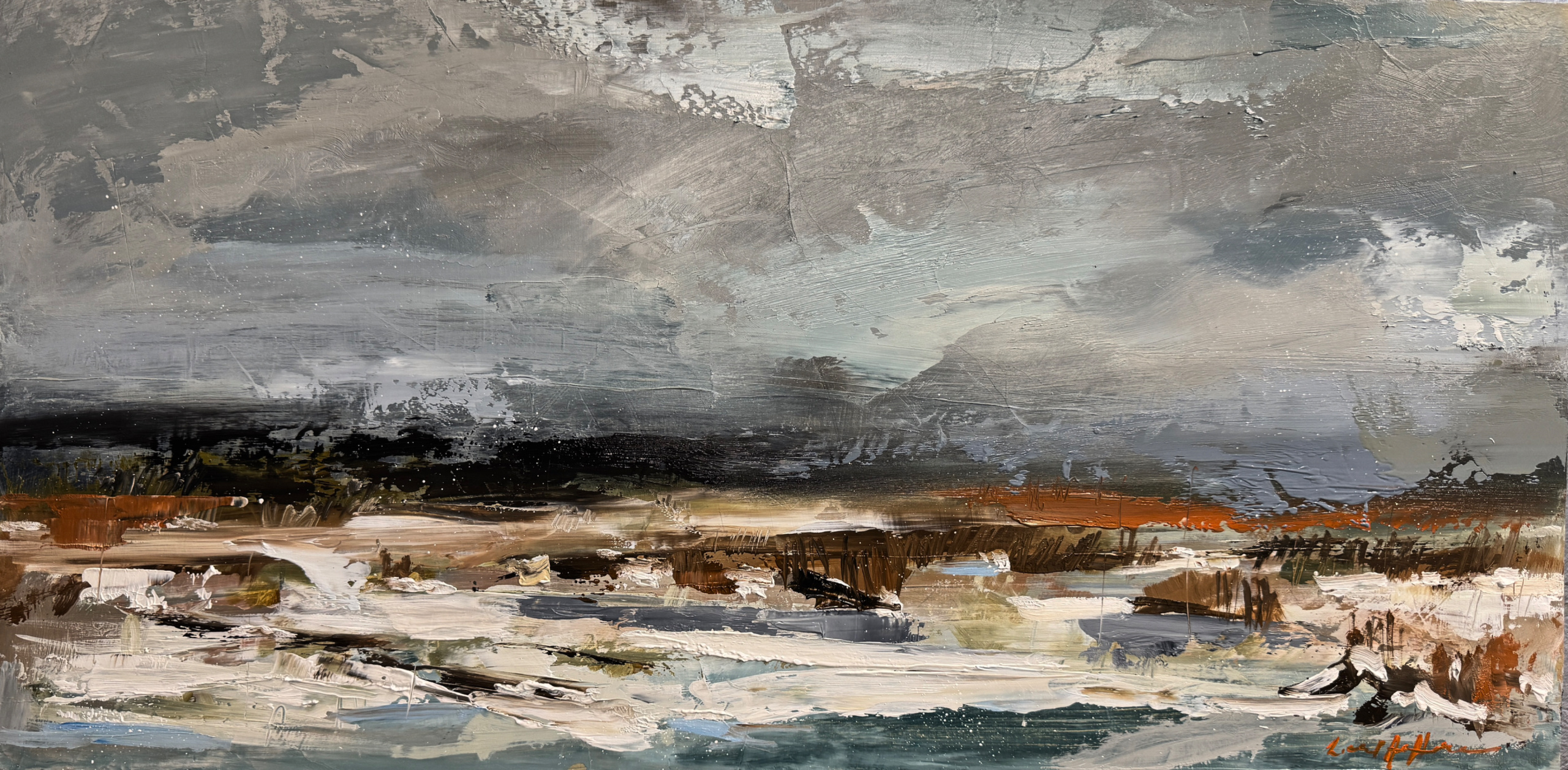 "Snow On Winter Marsh" 12x24 inches, oil on cradled wood panel.
