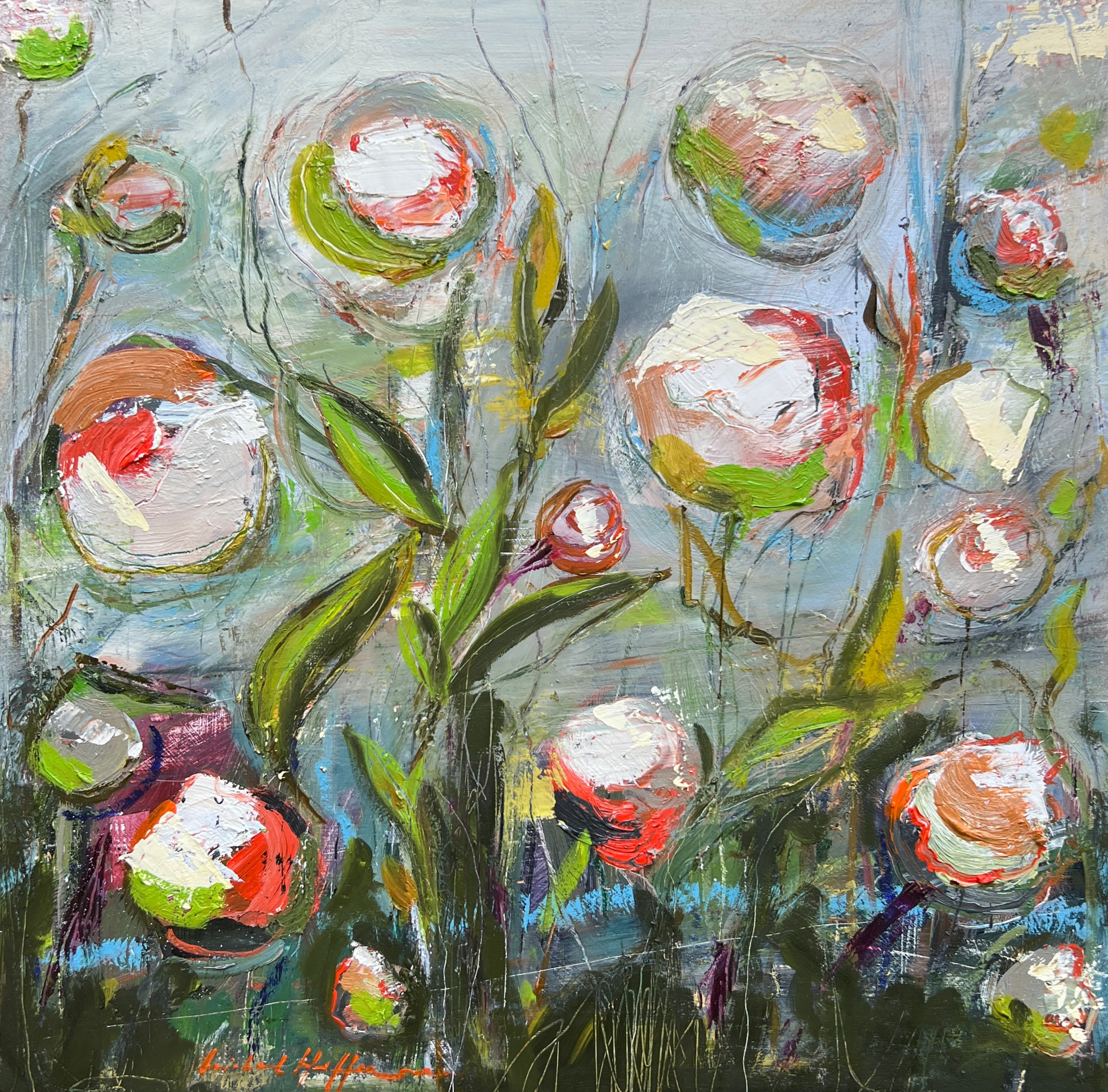 &quot;Peonies V&quot;, 18&quot;x18&quot;, oil on birch wood panel. (Sold)