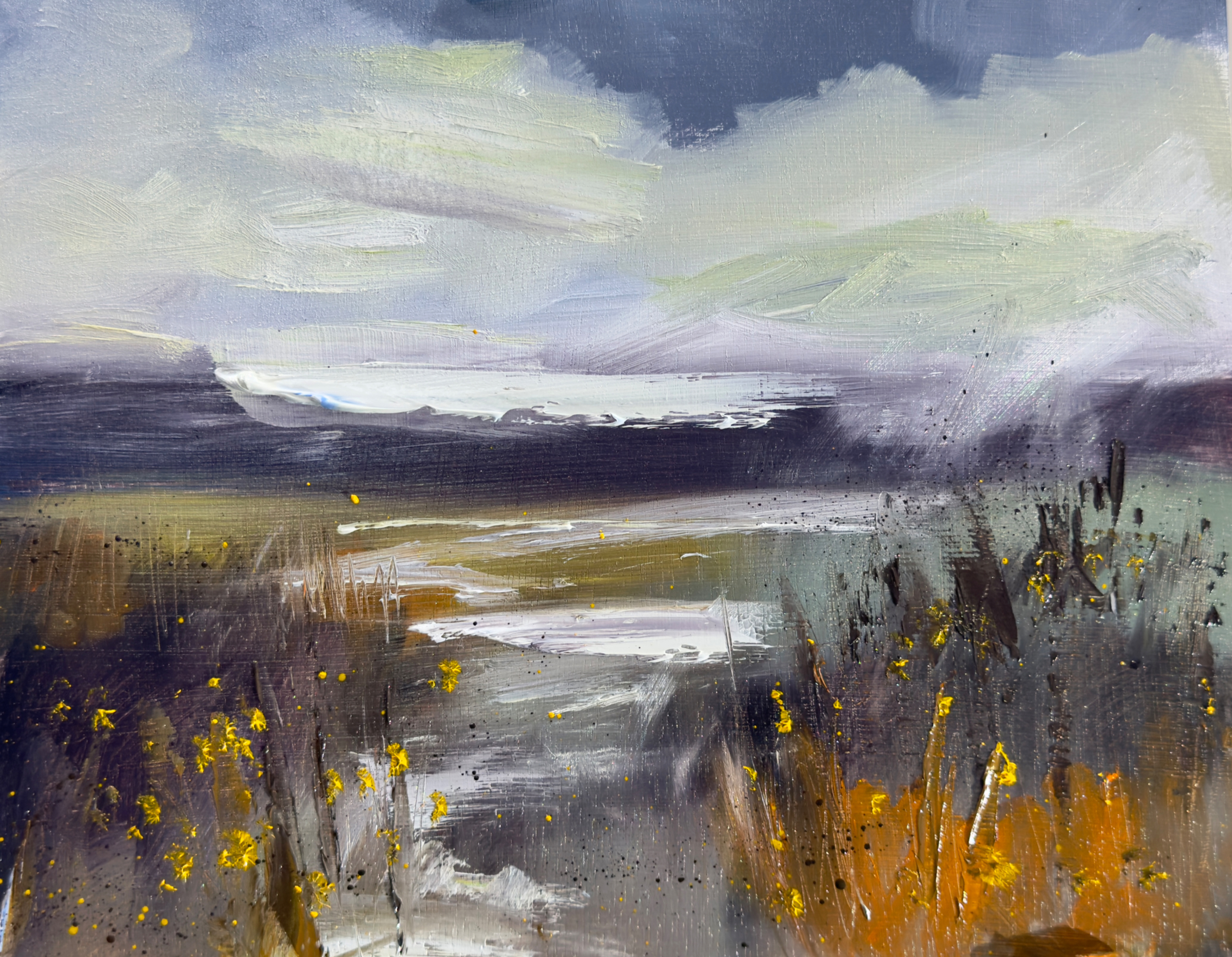 The Cloud-stained Marsh. 8" x10", oil on wood panel.