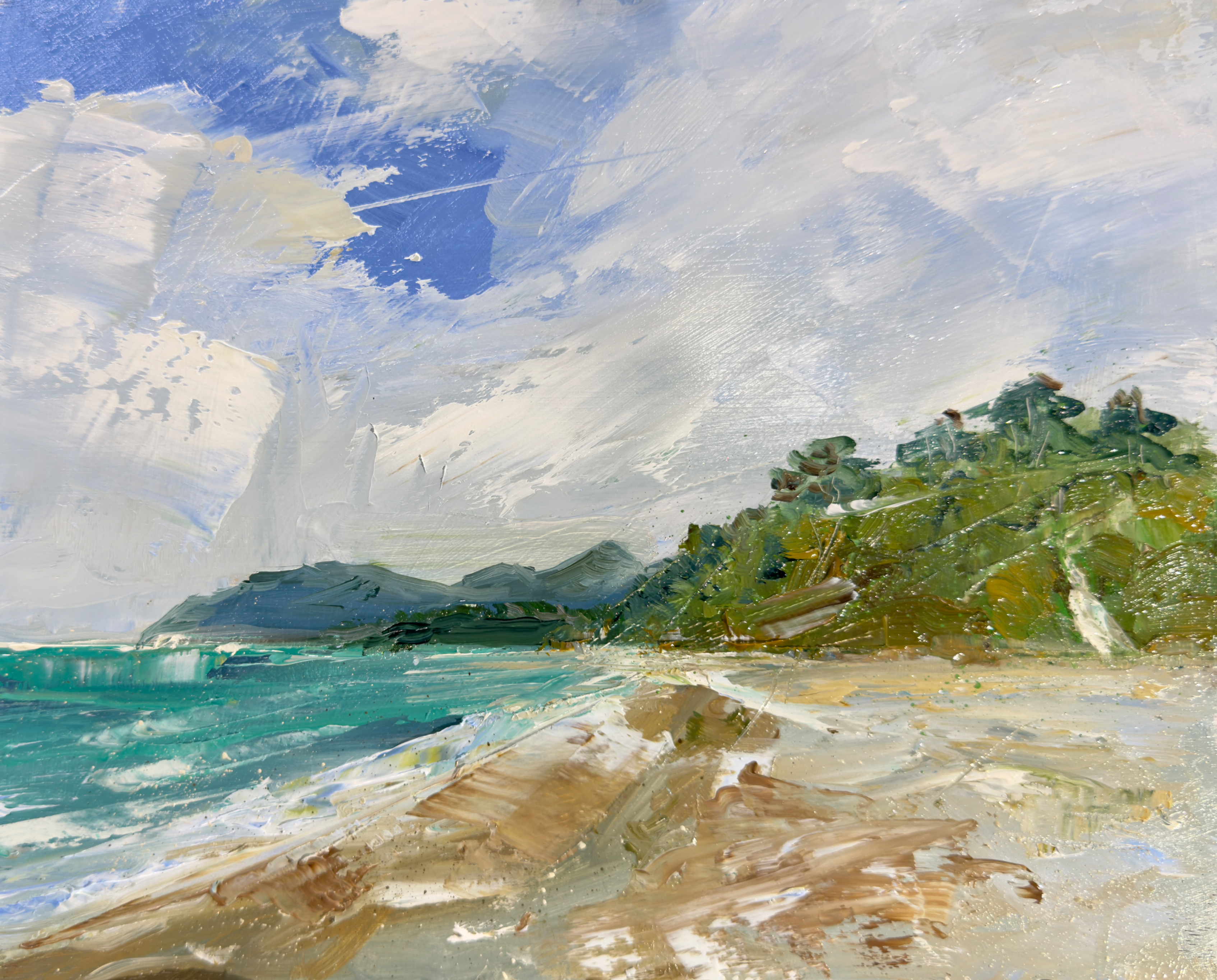 Killiney Beach, looking toward Bray and the Sugar Loaf Mountain, Dublin Bay. 8" x 10" oil on wood panel. Available.