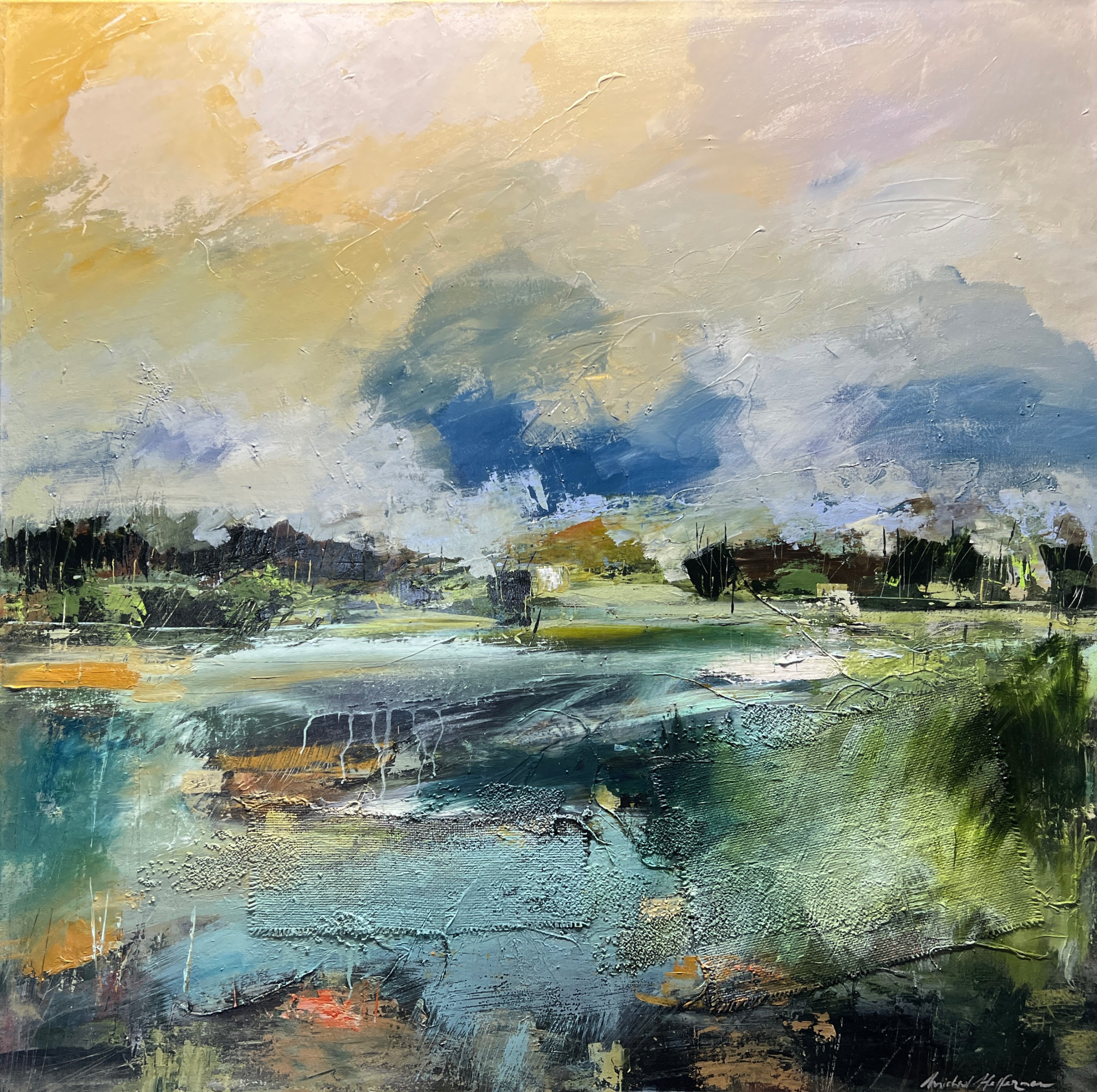 "Dusk on the River" 36"x36' mixed media on canvas.