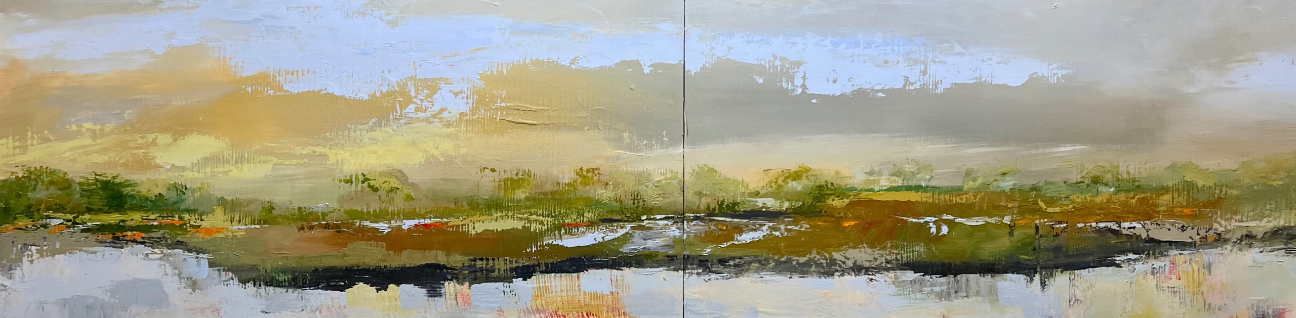"Long Shadows Over Sedge" 96" 24" oil on cradled panel. Based on the poem of the same name.
