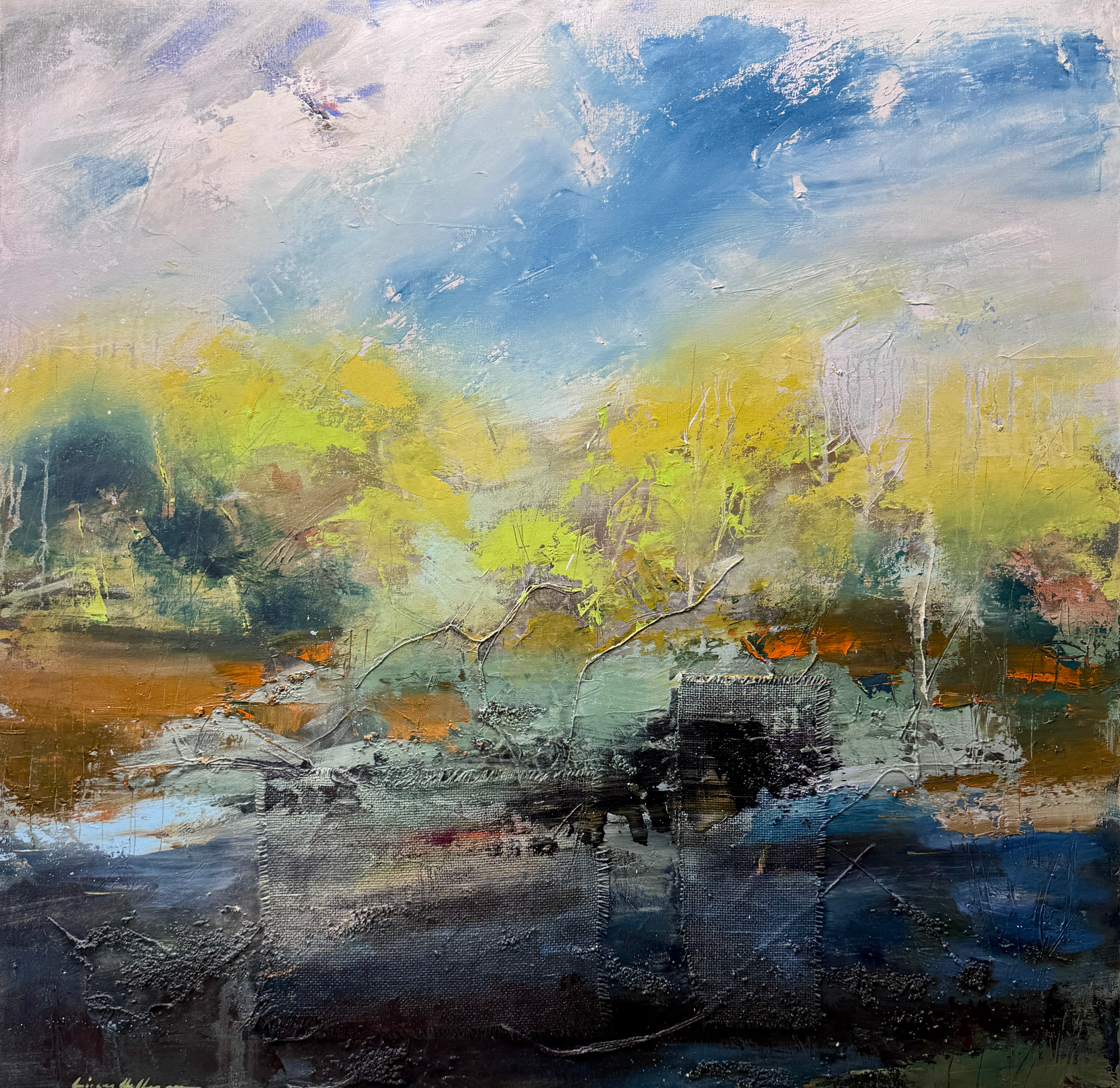 Sky and Water, Sky and Earth as One. 36x36 inches, oiland acrylic on burlap and canvas.