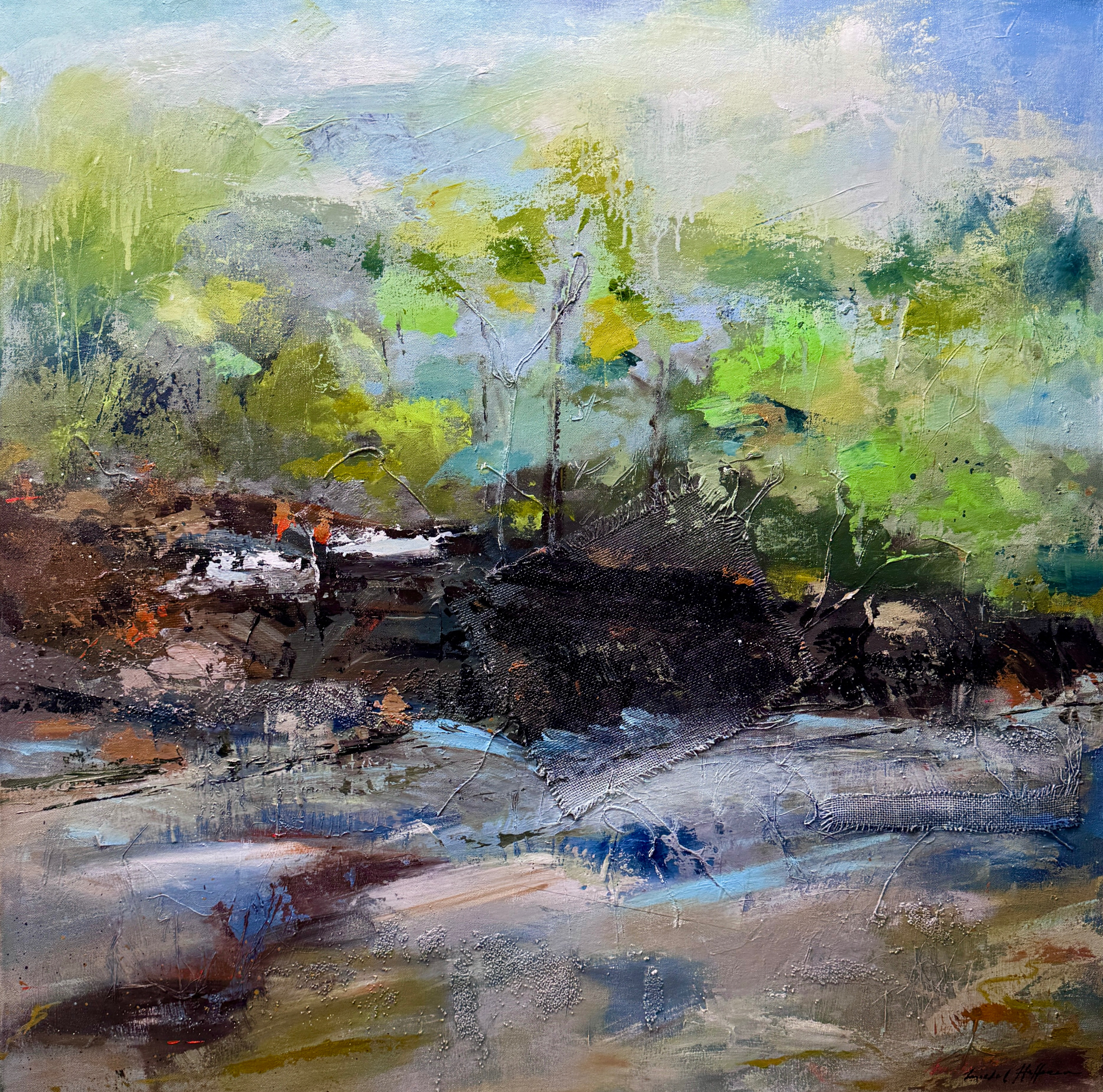 Sky and Water, Sky and Earth as One. 36"x36" oil and acrylic on burlap on canvas.