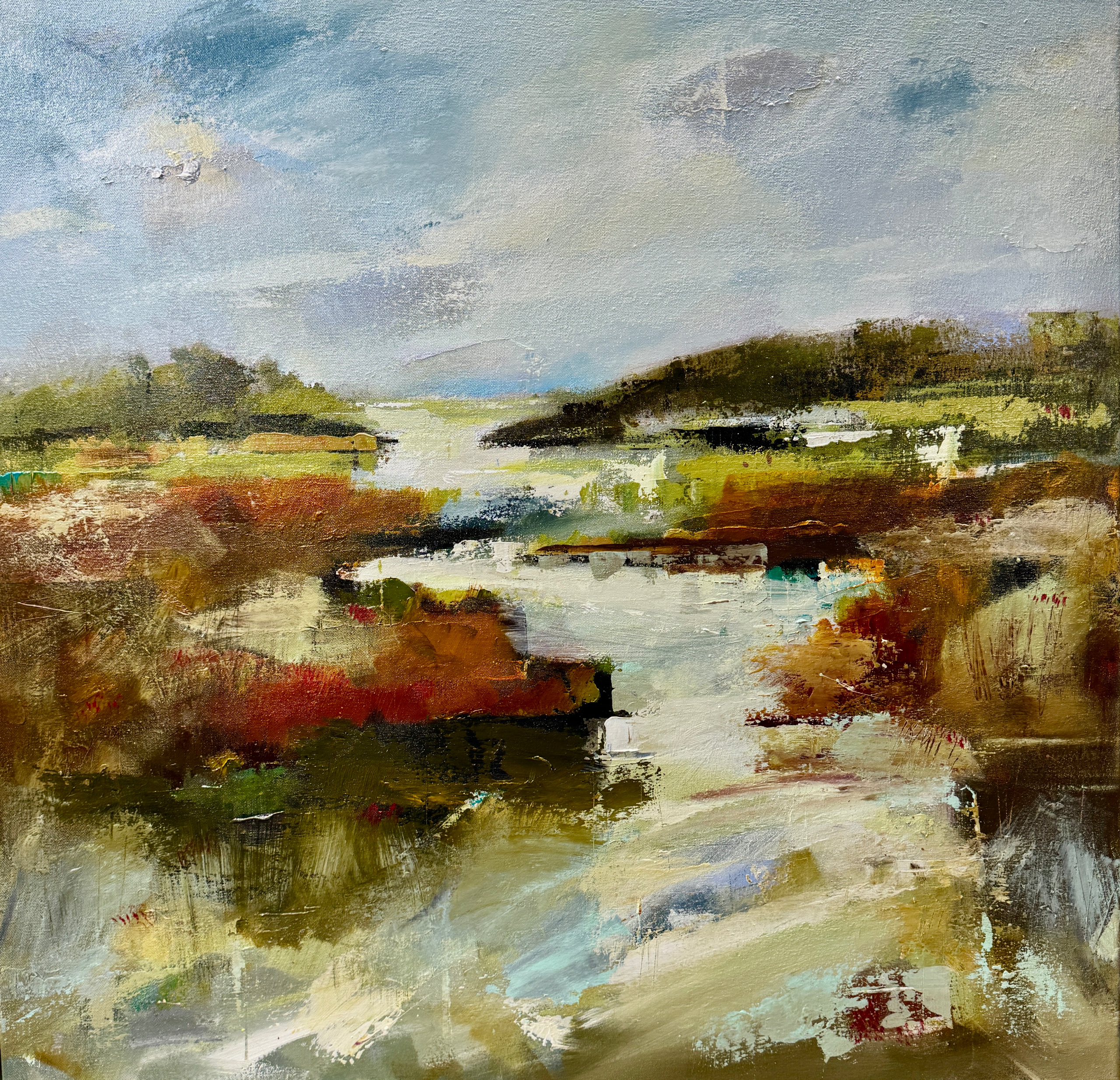 The Unfolding Riverbend 36x36 inches, acrylic on canvas. Part of my poetry series and based on my poem of the same title. (sold)