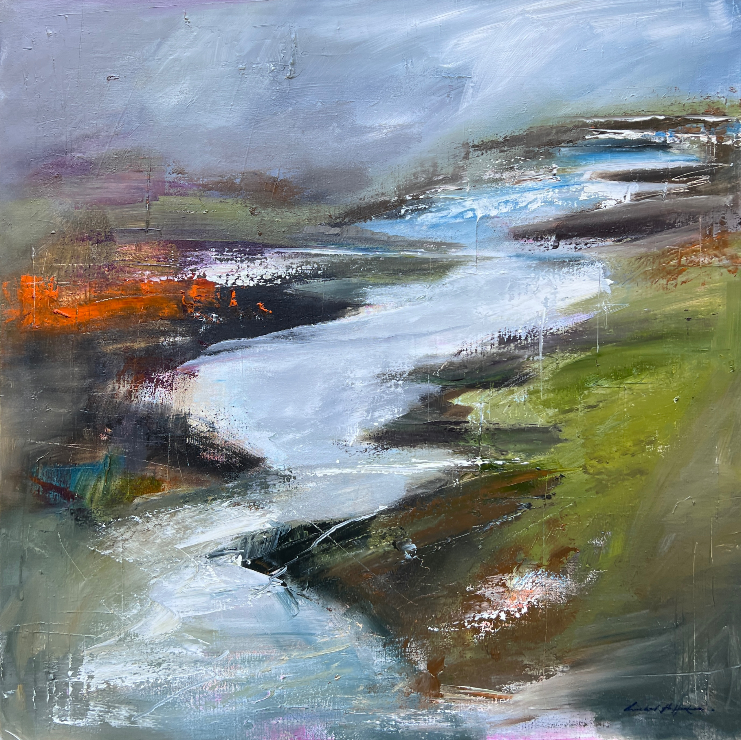 "The Unfolding Riverbend II", 40"x40" oil on Belgium Linen. A second in the series based on my poem of the same title.