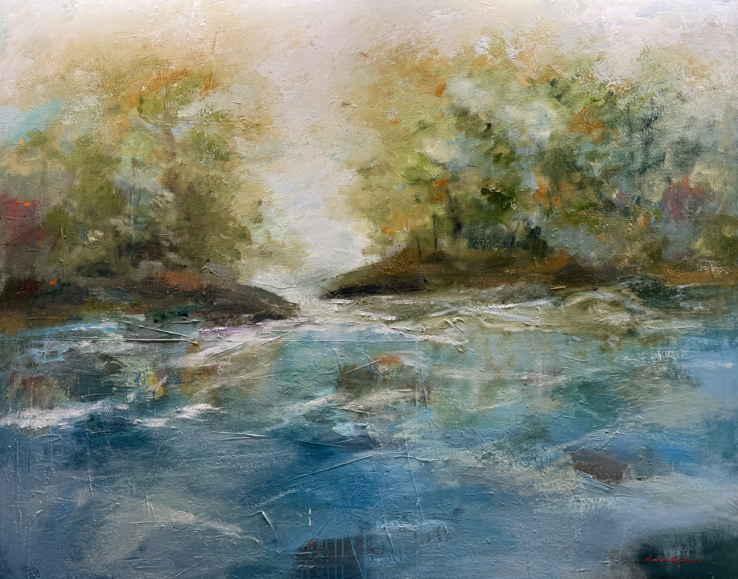 "Sky and Water Sky and Earth As One" The Banks Series. 60x48 inches, oil on canvas. Morning mist on the Chattahoochee River.