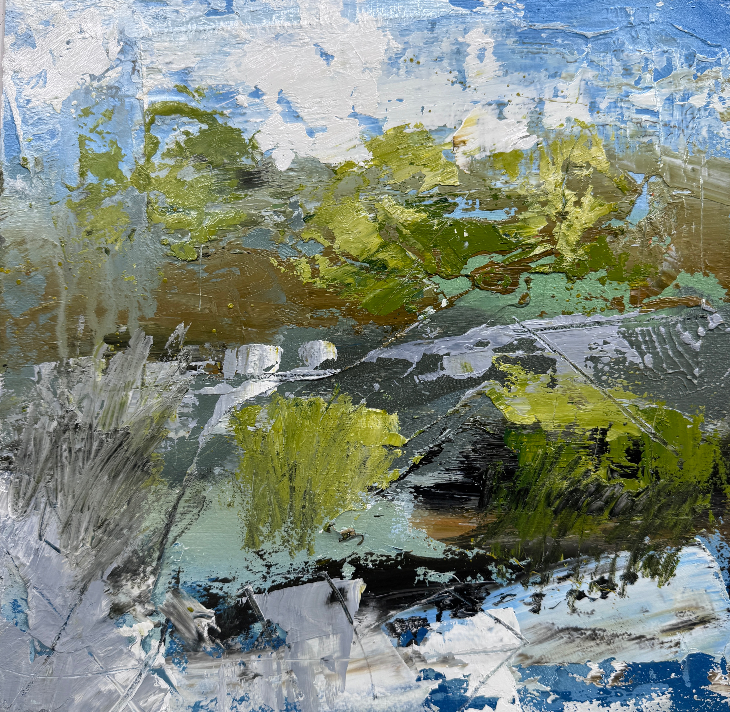 Riverscape study II, 12x12 inches, oil on Arches paper.