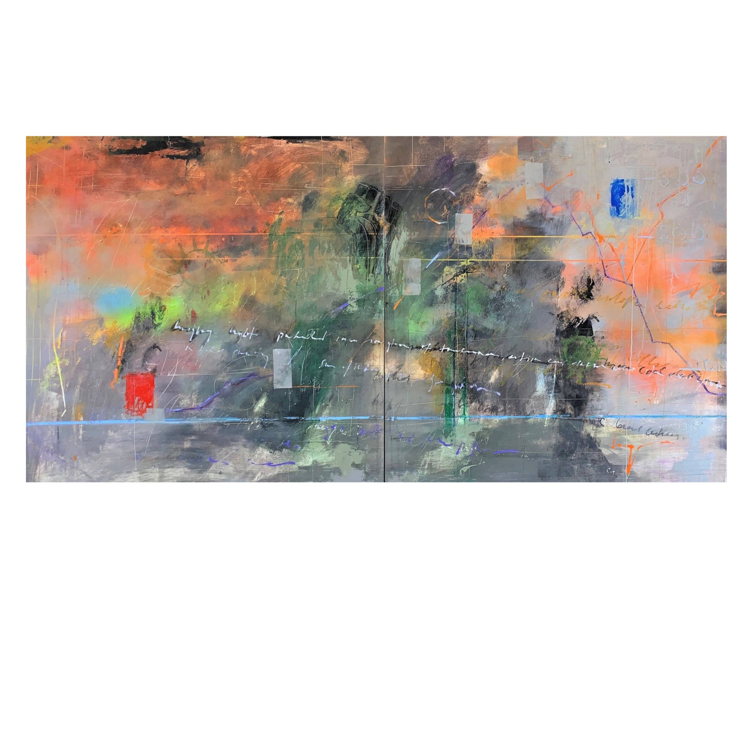 "The Scullery of Humanity" is a 48" x 96", oil-and-mixed-media diptych on a three-inch-deep panel. Created on cradled wood panels during the pandemic, it is a meditation on all that happened during that period.