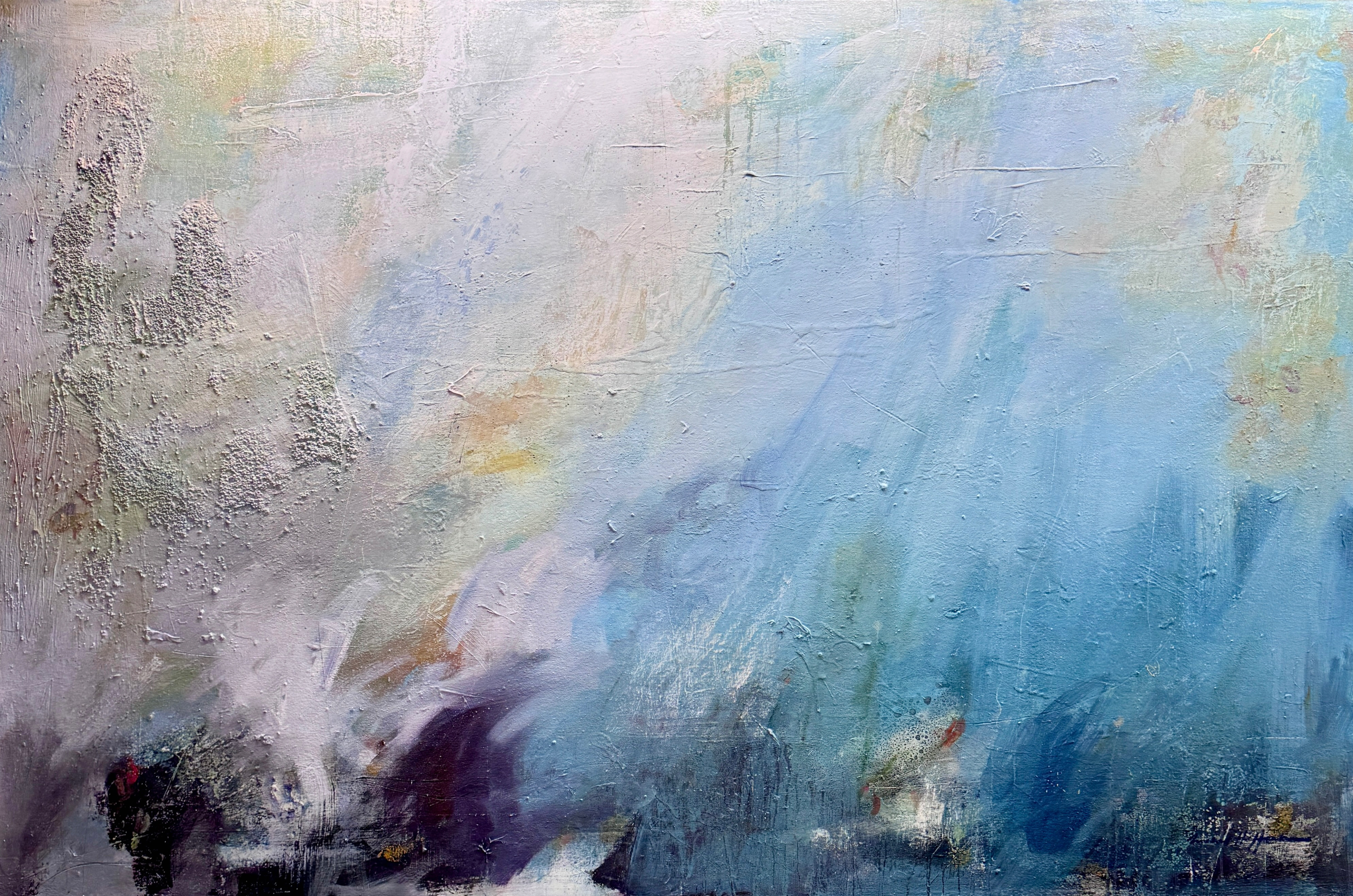 "In The Shallow's Edge". Exploring light and reflection in the shallows along the river. 36"x72", acrylic, oil bar, archival adhesive, linen, oil paint, on heavyweight canvas.