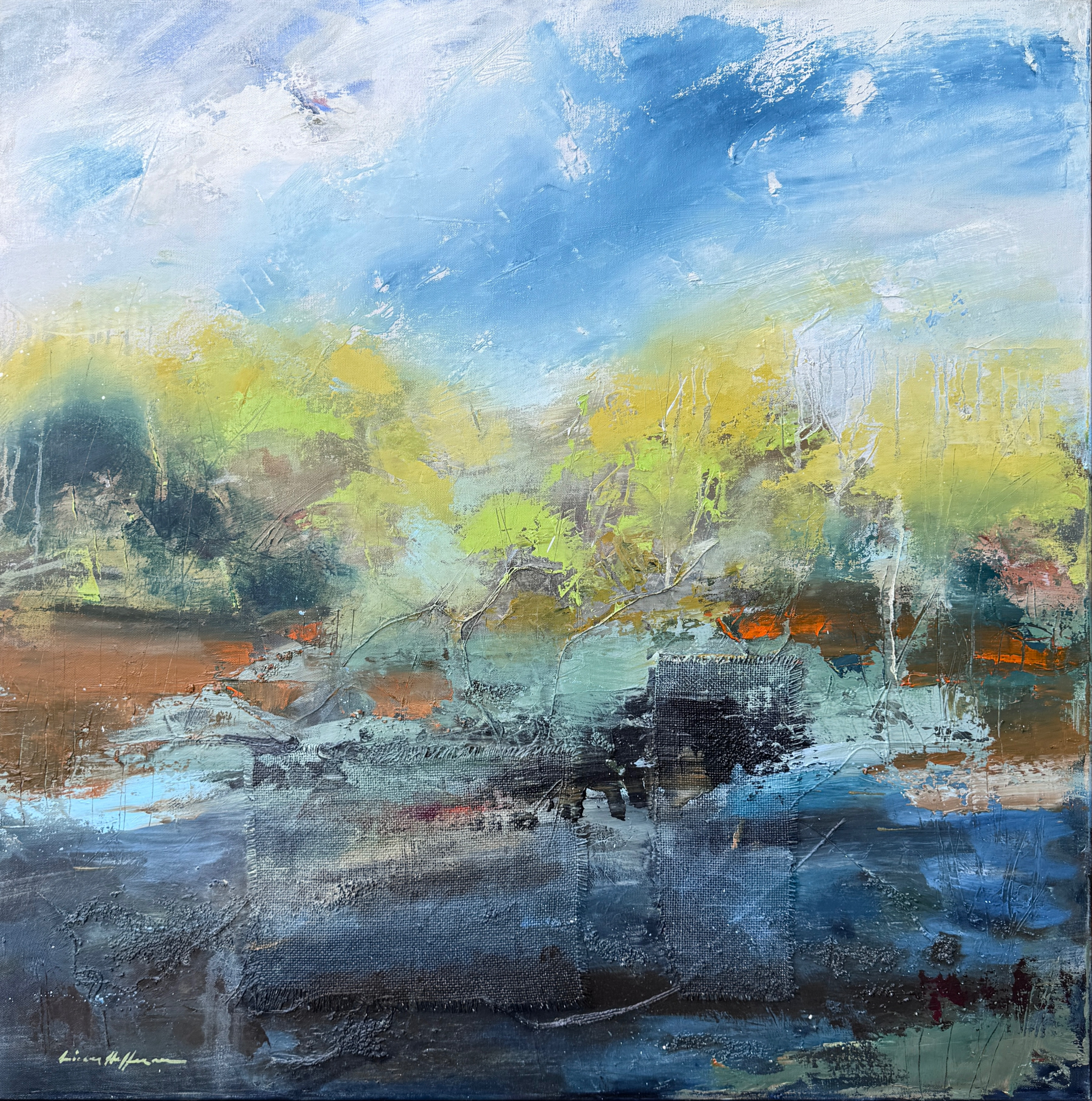 Sky and Water, Sky and Earth as One, series. 36x36 oil and burlap on canvas.