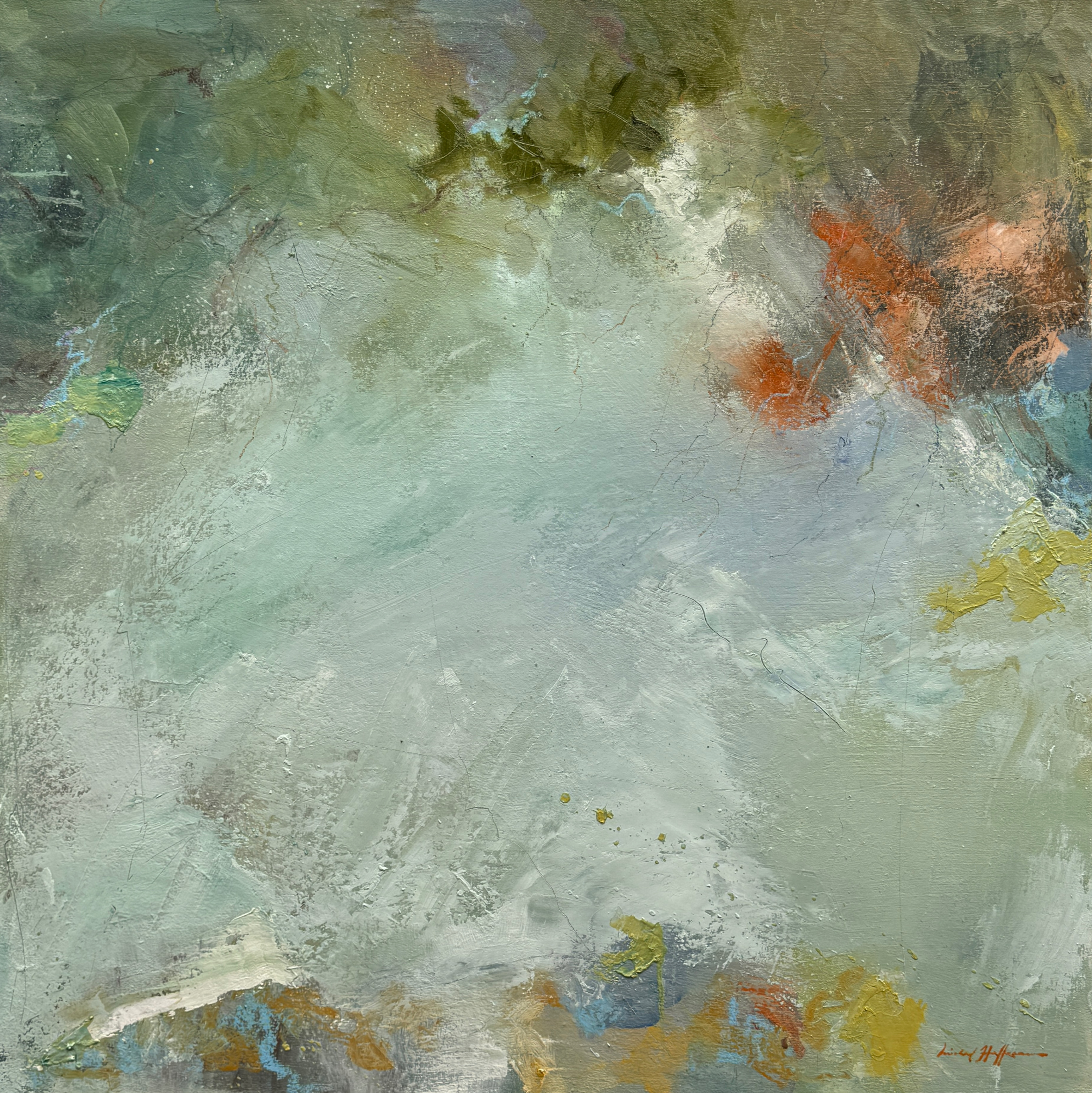 The rivers' blue-green shift in the sun’s soft mist. 48" x 48", oil on canvas.