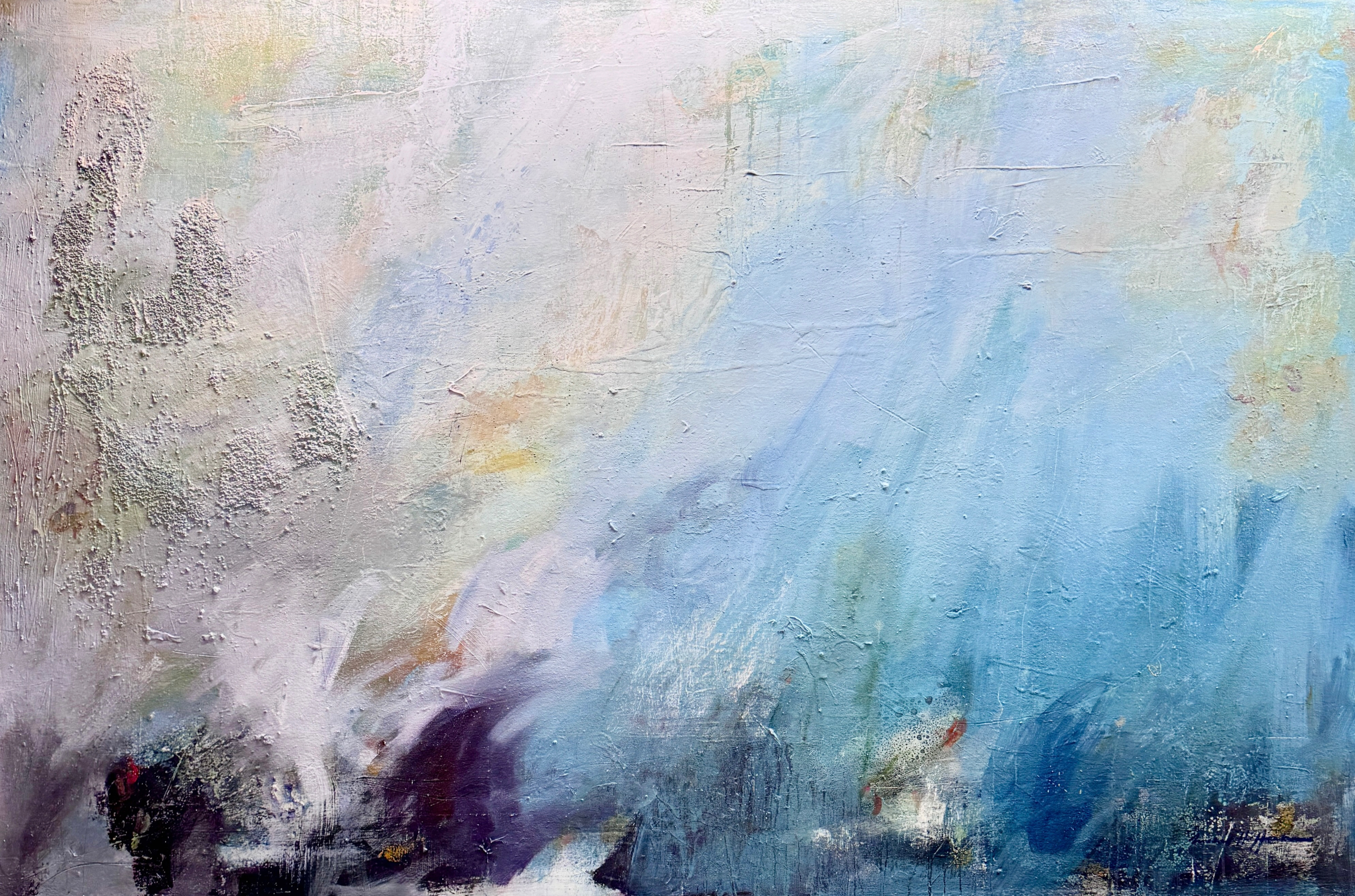 "In The Shallows' Edge". Exploring light and reflection in the shallows along the river. 48" x 72", acrylic, oil bar, archival adhesive, linen, oil paint, on heavyweight canvas.