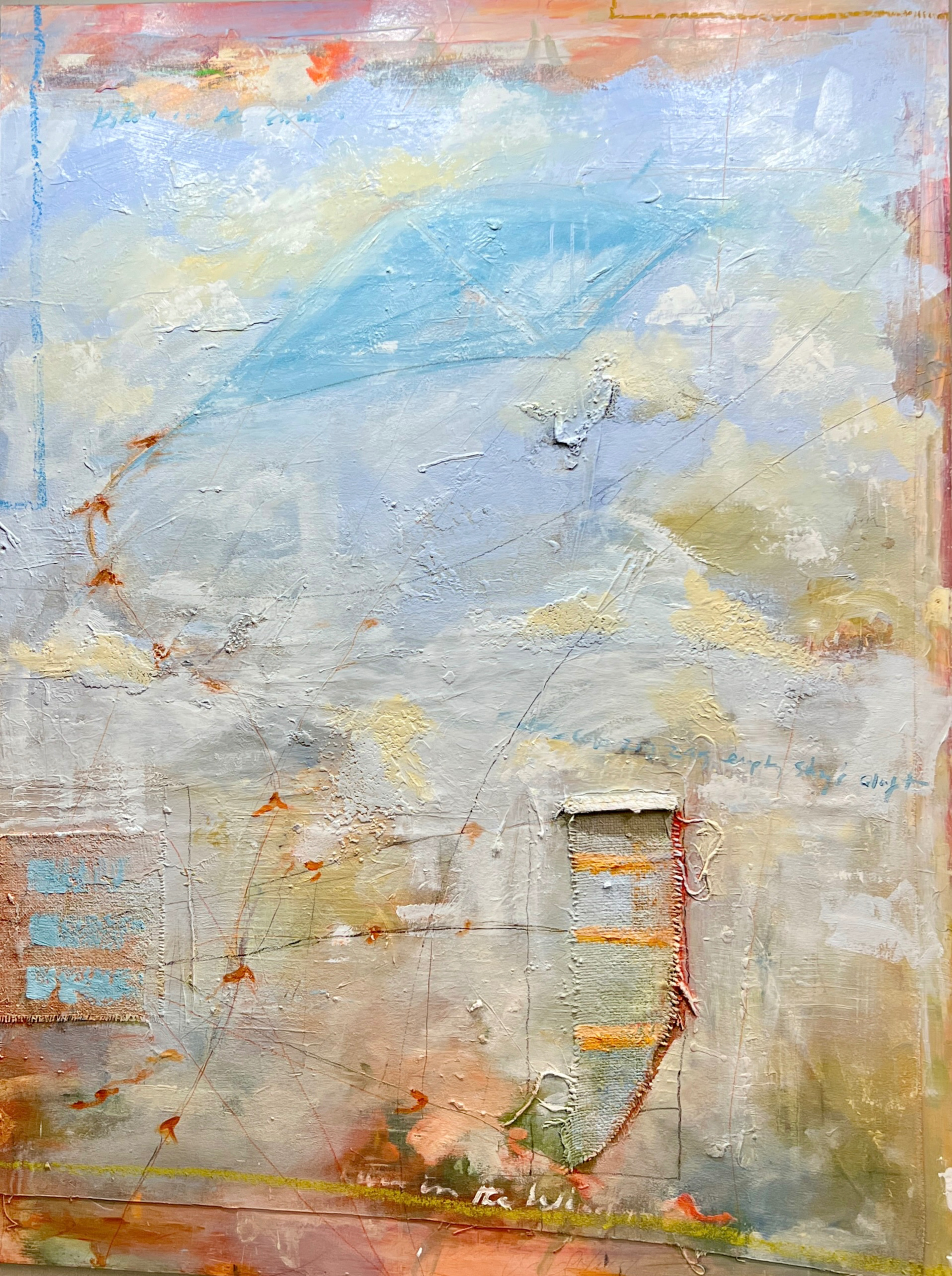"Kites in the Wind", 43"x58", oil on canvas over wood panel with burlap. Poetry Series, based on my poem of the same name.