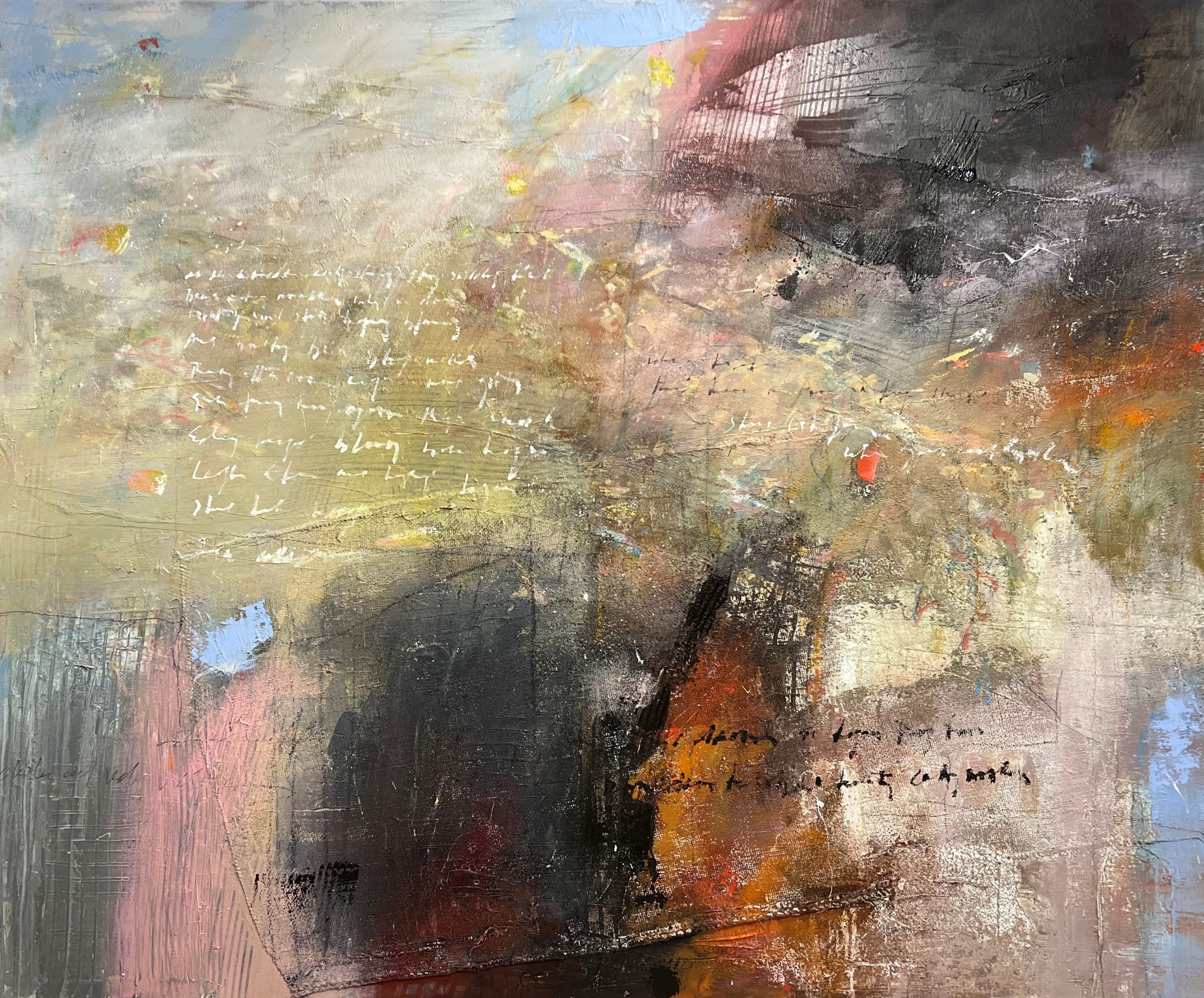 Glory Blooms" 60x72 inches. Oil and mixed media on canvas. Part of the permanent collection at The Marietta Cobb Musem of Art, metro Atlanta, Georgia. This work serves as a meditation on the war in Ukraine and is based on my poem Glory Blooms.