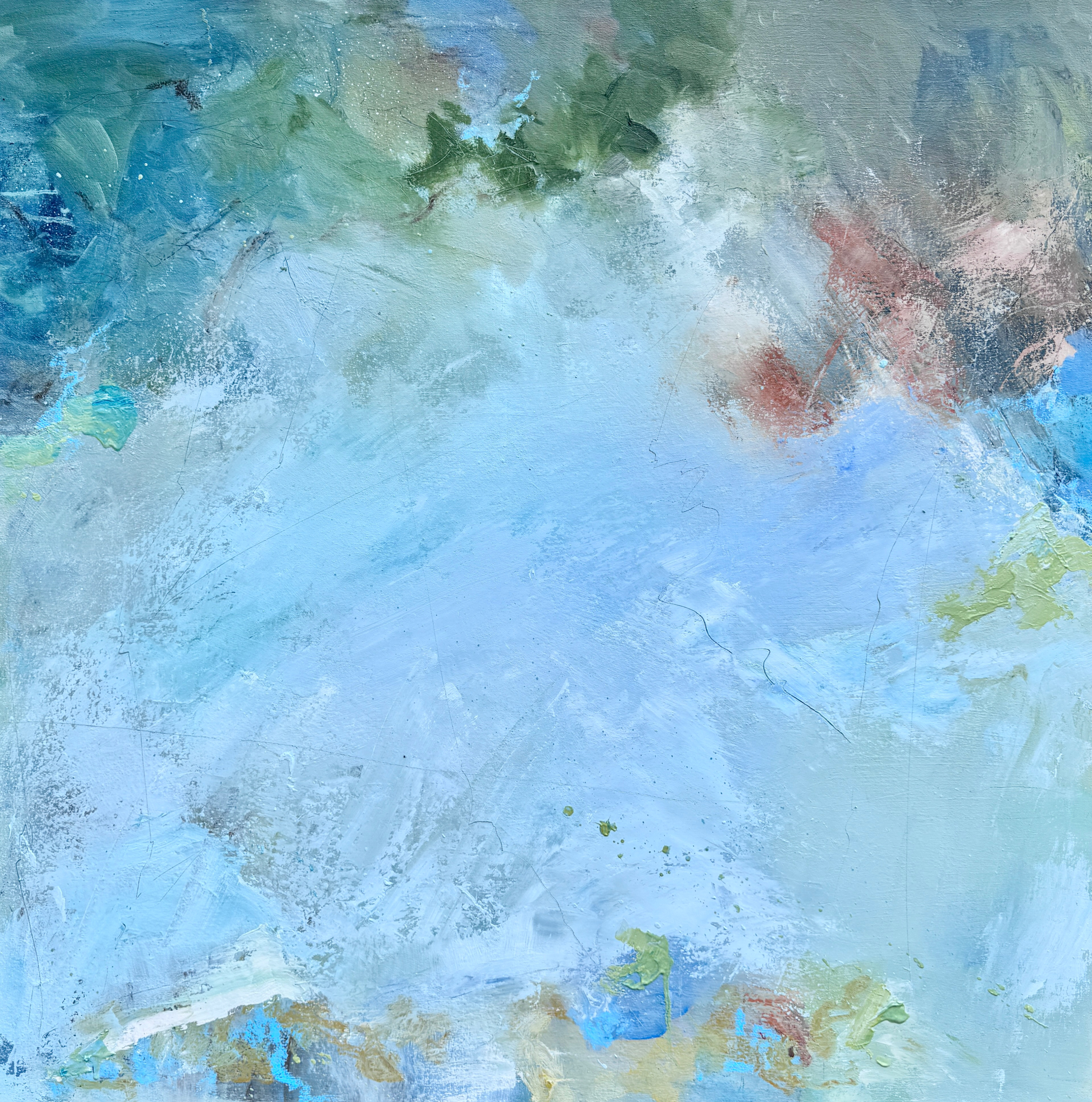 The rivers' blue-green shift in the sun’s soft mist. 48" x 48", oil on canvas.