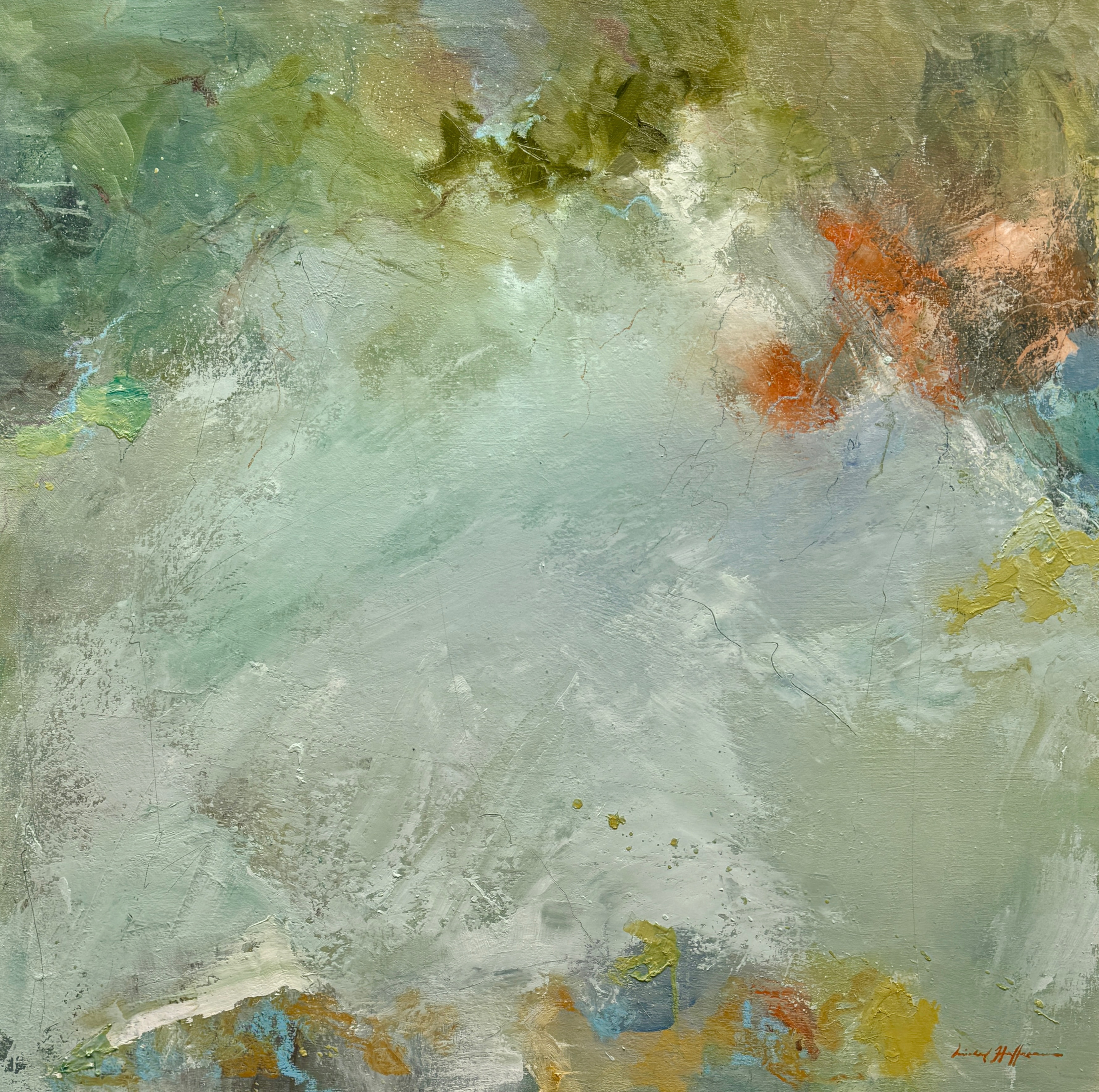 The river’s blue-green shift in the sun’s soft mist. 48" x 48", oil on canvas.