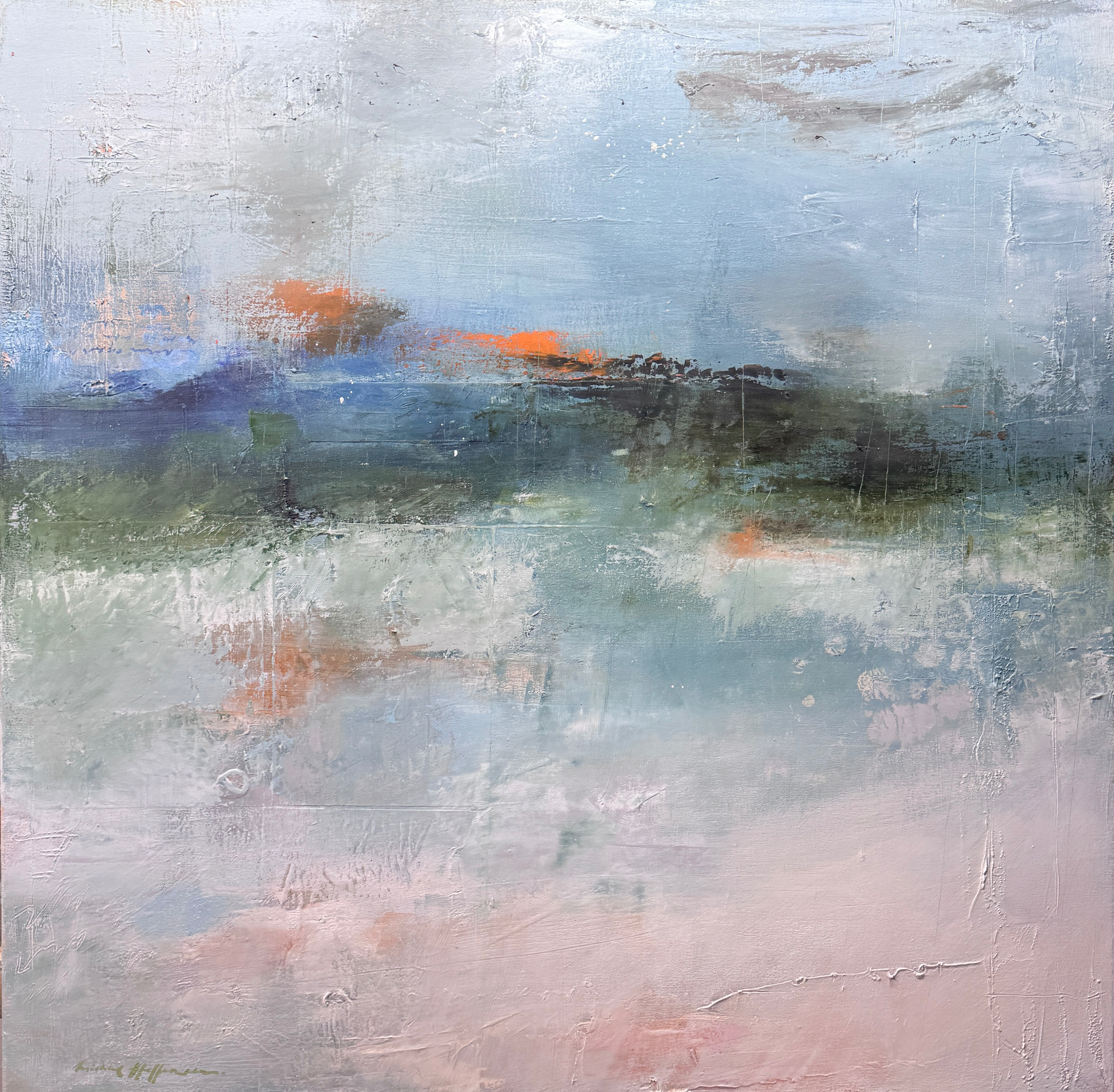 Sky and Water Sky, and Earth as One. 40x40 inches, oiland cold wax on canvas.