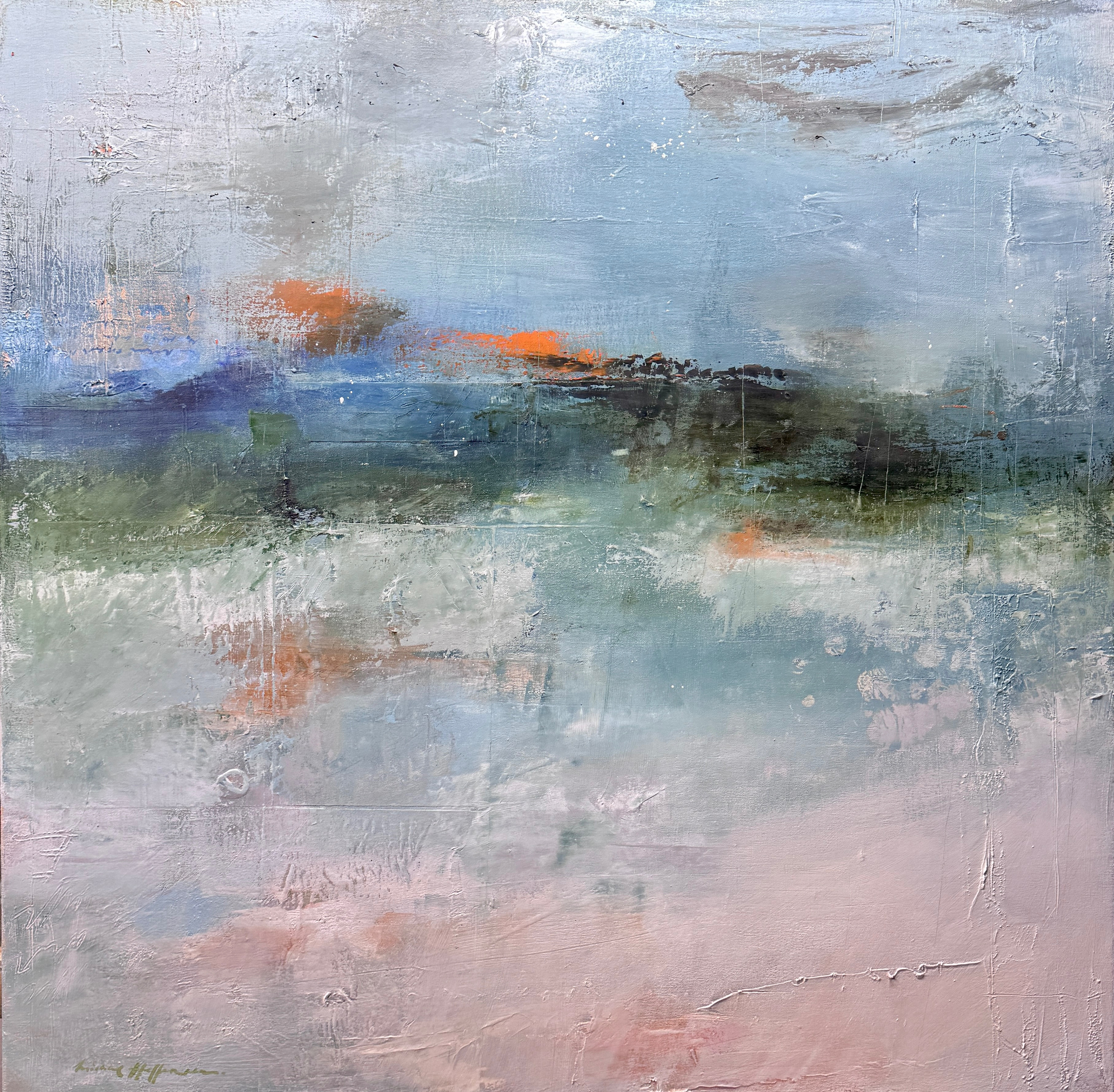 Sky and Water, Sky and Earth as One II, 40x40 oil and cold wax on canvas.