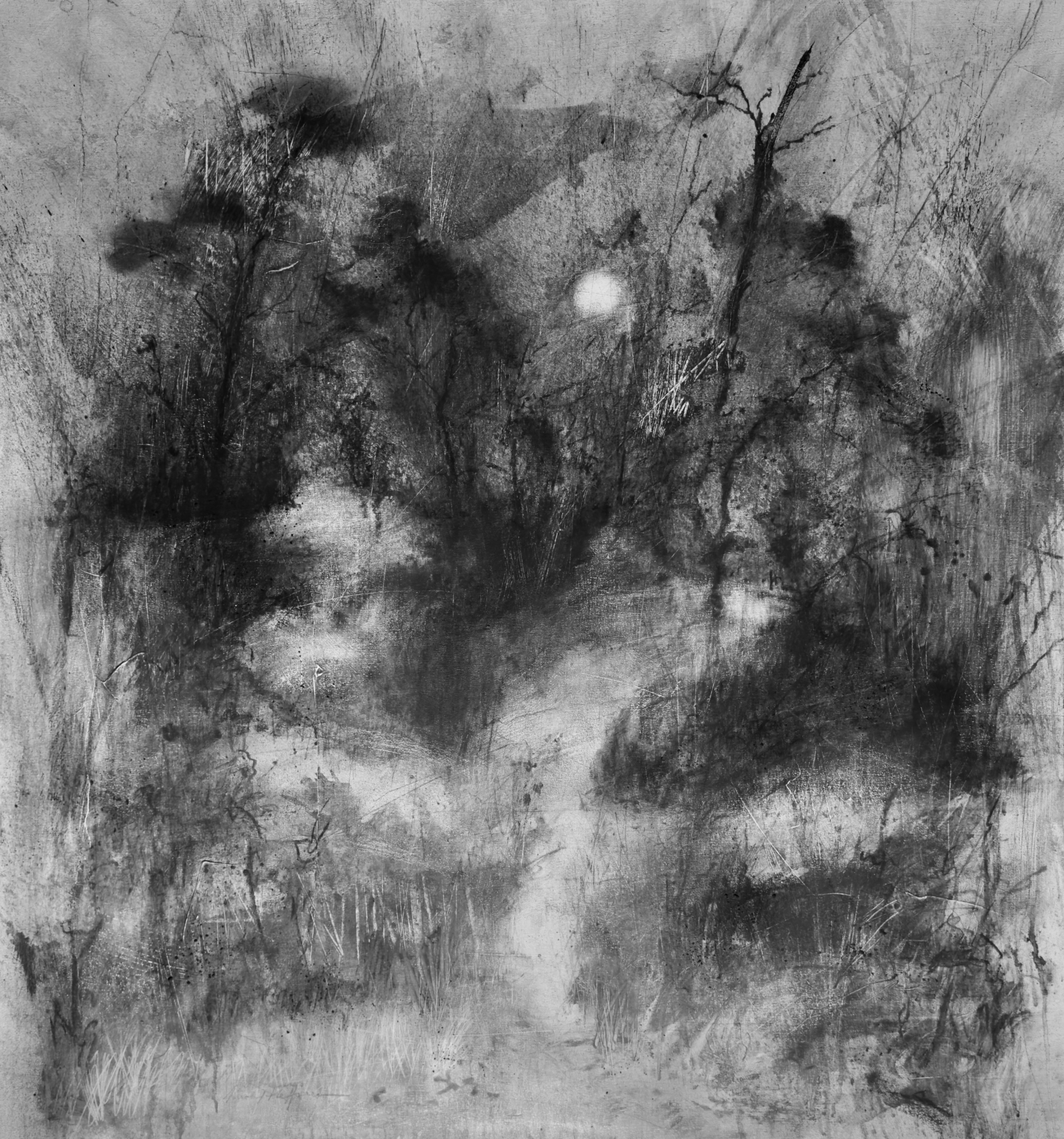 Dark Waters Under The Cloud Stained Marsh. 54" x 50" willow charcoal on stretched canvas. Part of "The River Speaks" series.