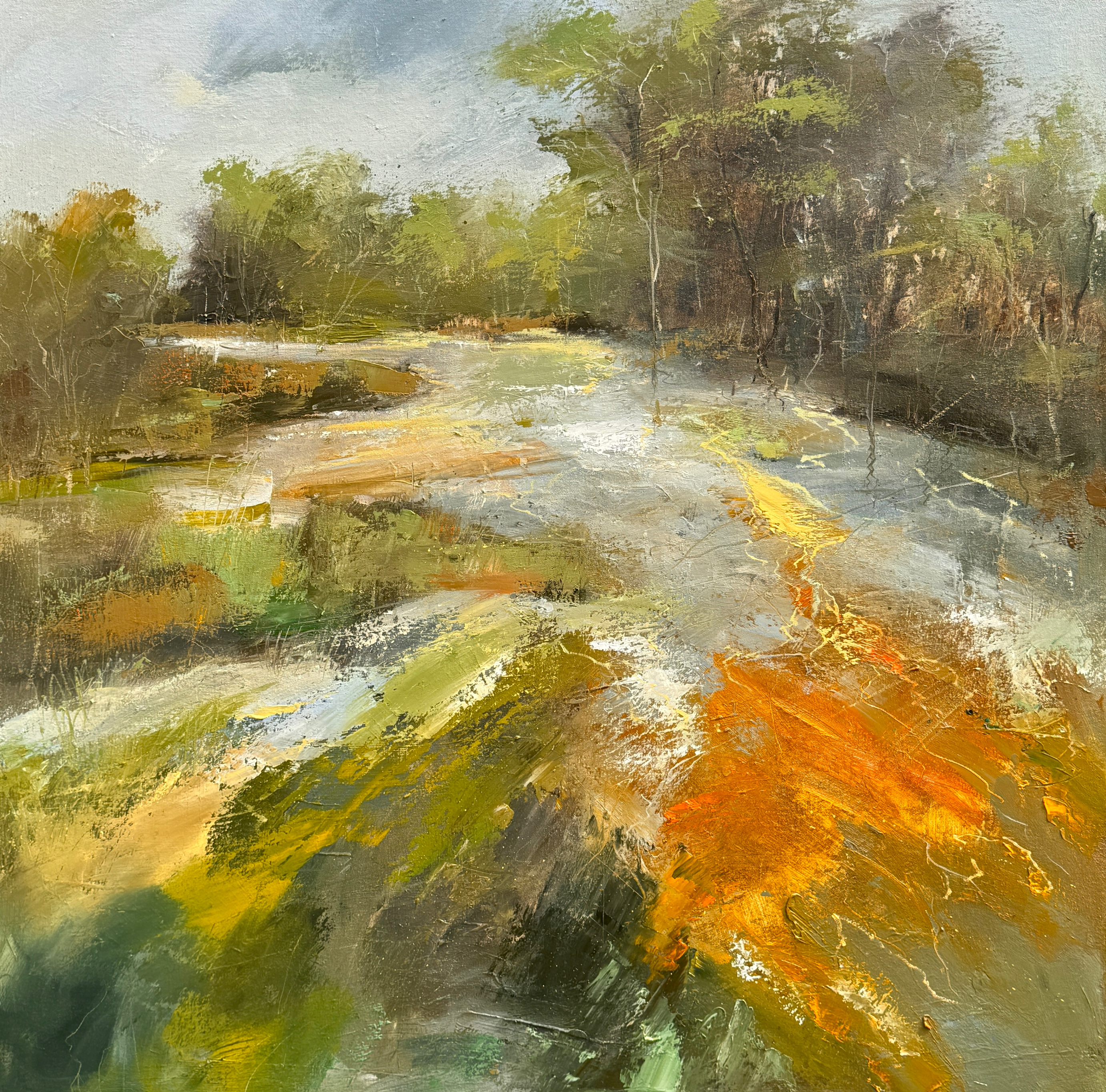 "Spring's Slow Explosion of Pollen", 36" x 36", oil on canvas. On a recent walk along the Chattahoochee River, I rounded a bend and was blown away by the pollen swirling on the surface of a creek. The pollen and bacteria were so striking in their vibrancy.