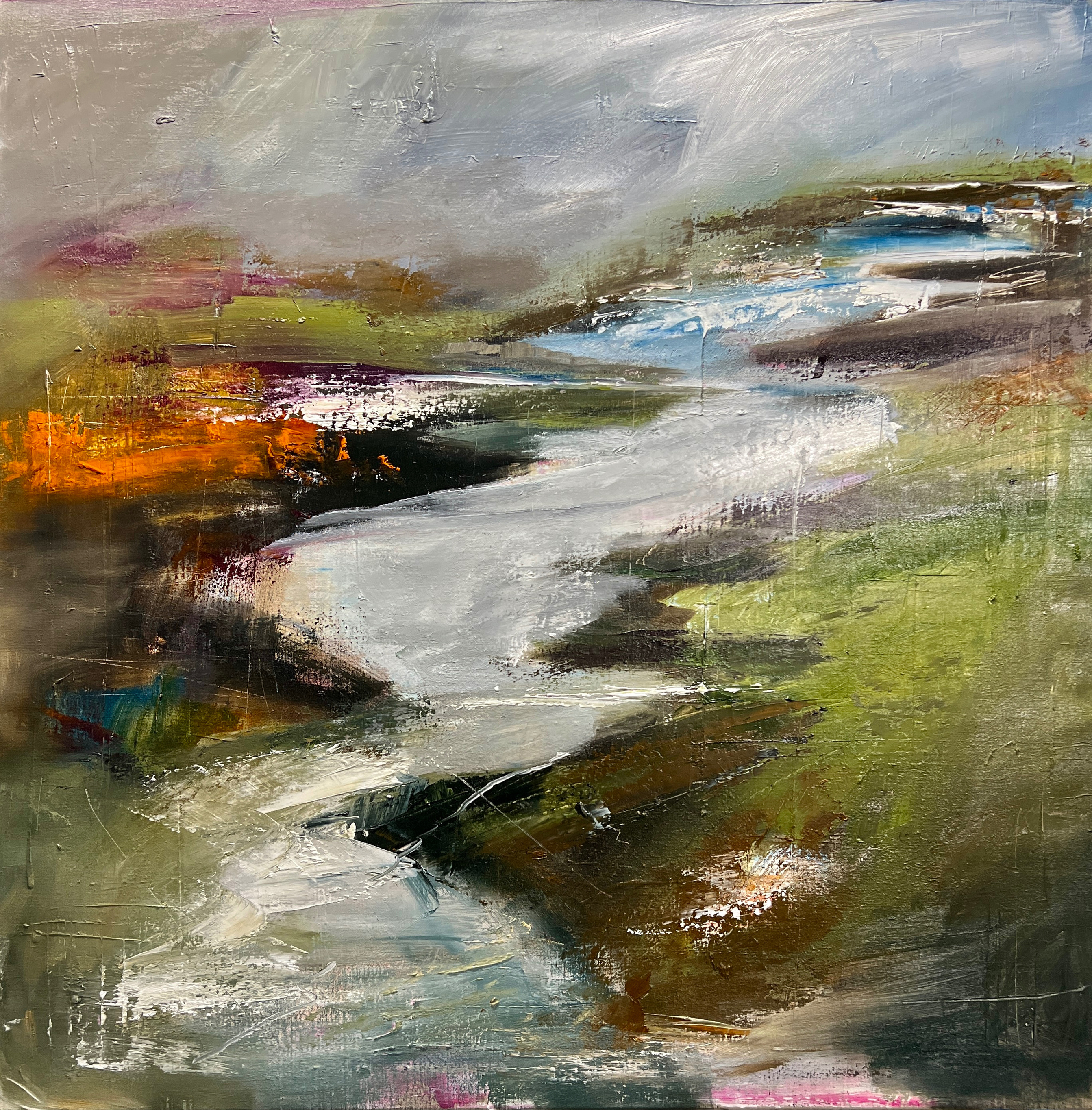 The Unfolding Riverbend. 40x40 inches, oil on Belgium linen.
