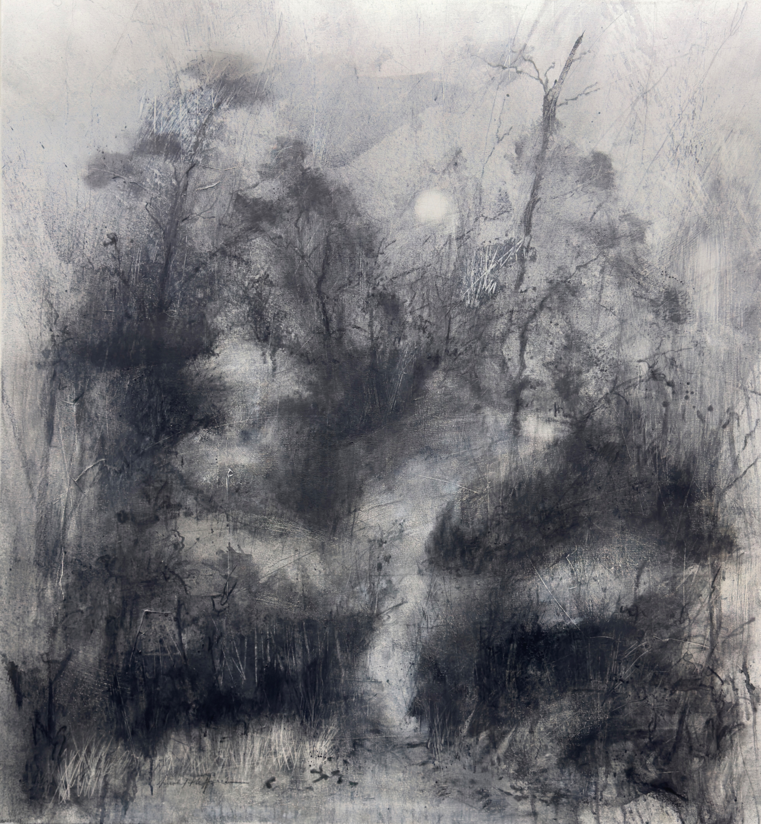 Dark Waters Under The Cloud Stained Marsh. 54" x 50", willow charcoal on stretched canvas. Part of "The River Speaks" series.