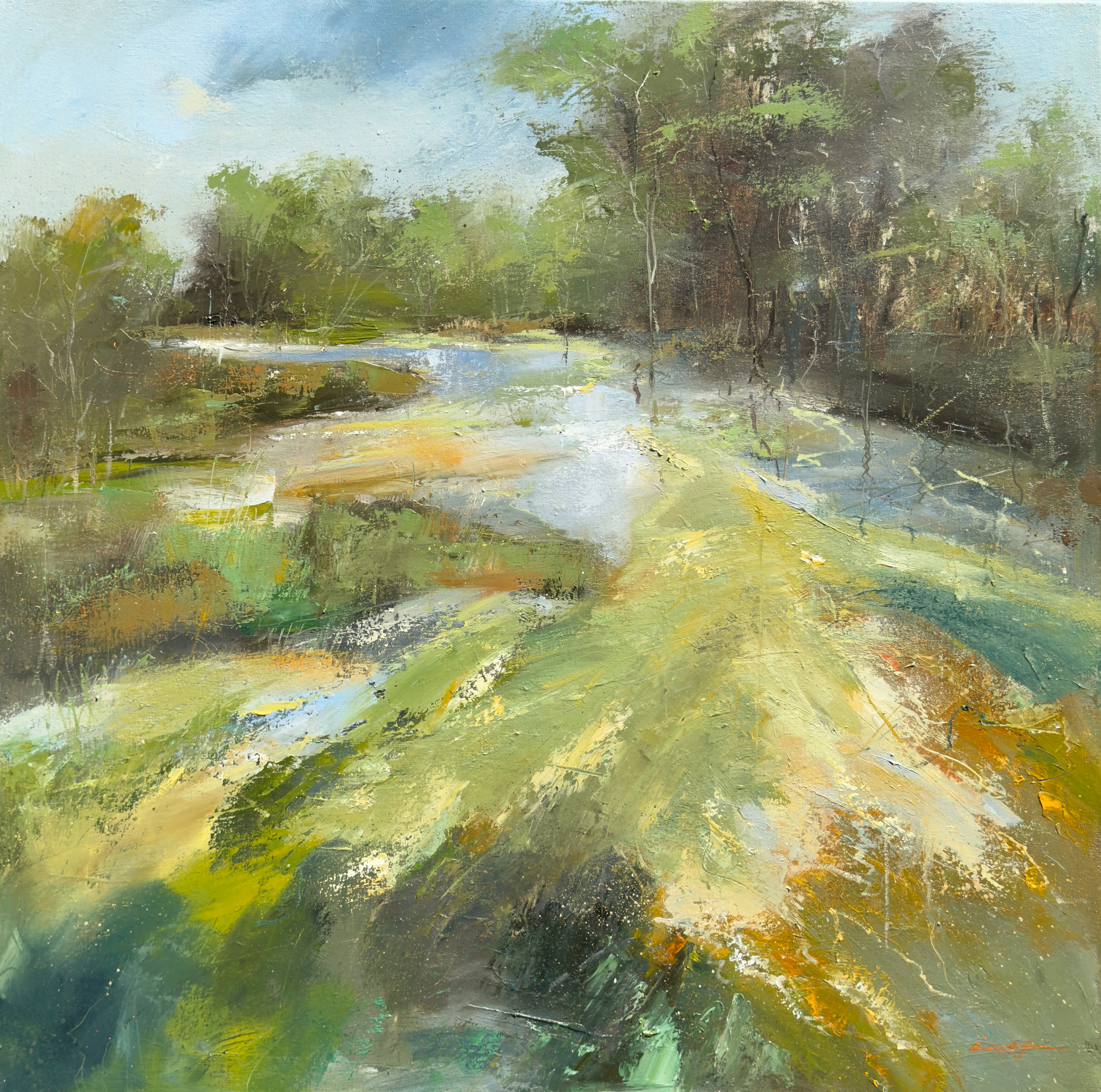 "Green With Spring", spring's slow explosion of pollen", 36" x 36", oil on canvas. On a recent walk along the Chattahoochee River, I rounded a bend and was blown away by the pollen swirling on the surface. The pollen and bacteria were so striking.