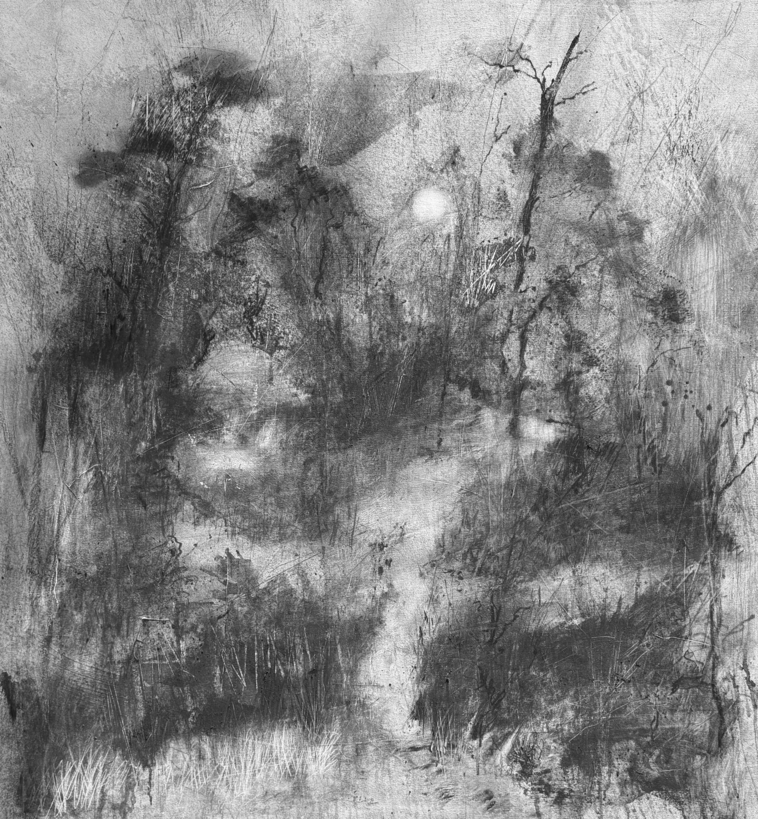 Dark Waters Under The Cloud Stained Marsh. 54" x 50" willow charcoal on stretched canvas. Part of "The River Speaks" series.