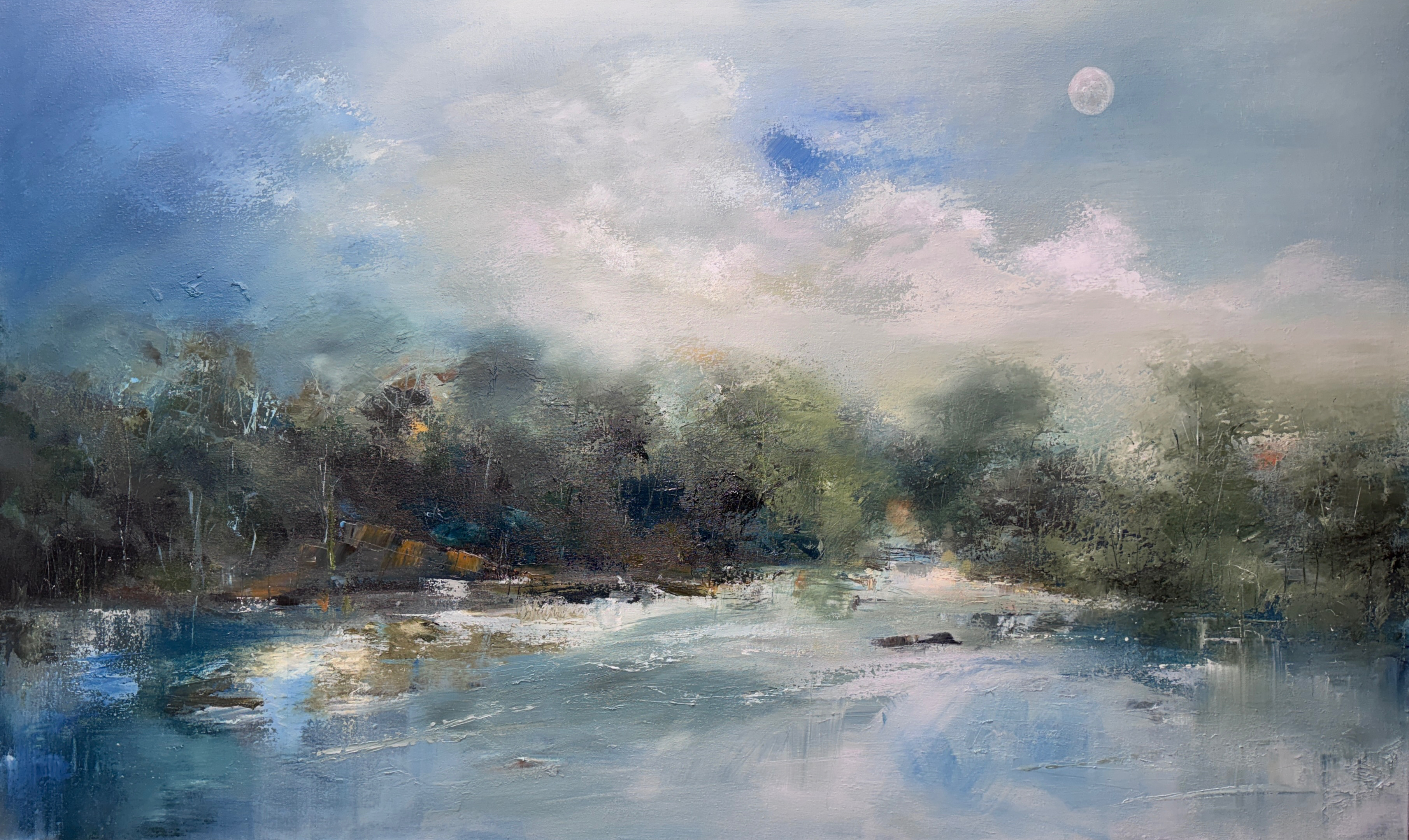 "The sullen, drowsy hang of a white-gray pigment holding sky and water, as one, floating in layers over the flat, blue-gray glassy stillness stained in the red-brown belly of its banks". From my poem Sky and Water As One. 36"x72" oil on canvas.