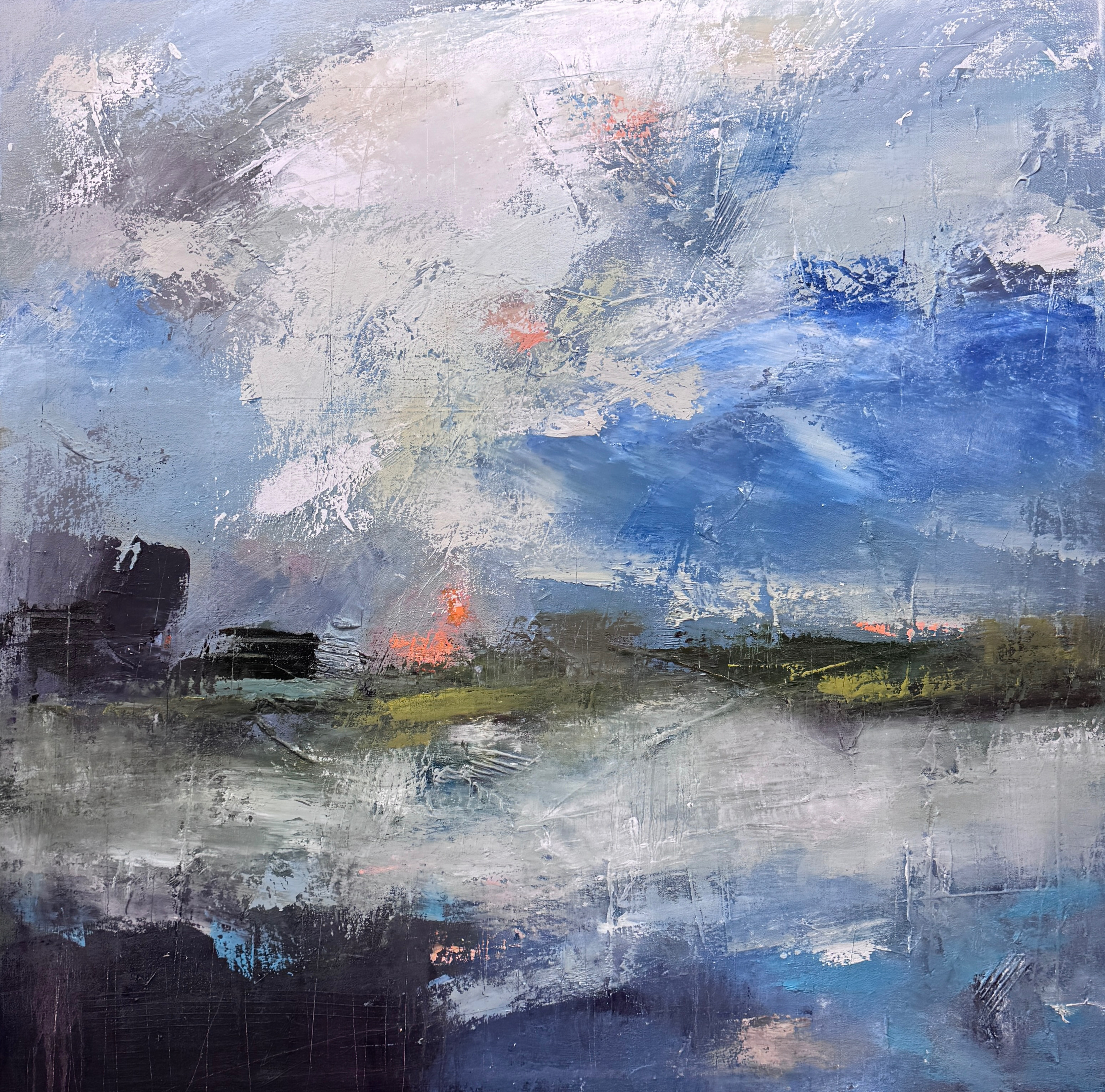 Sky and Water, Sky and Earth as One. 40" x 40", oil and cold wax on canvas.