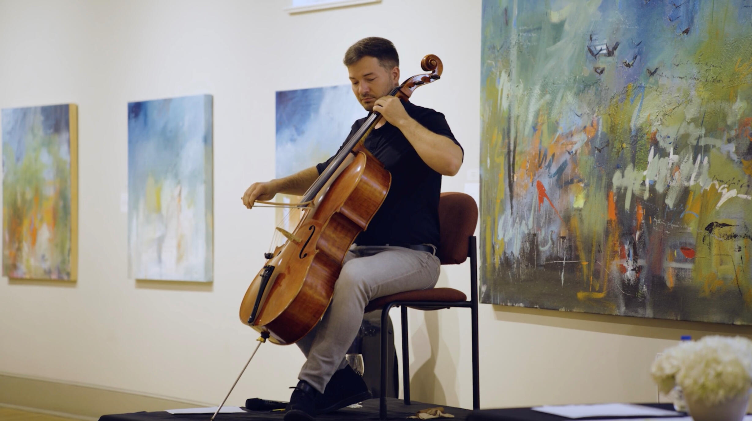 Harrison Cook, Cellist, composer, and artisitc collaborator performing one of his compositions based on my poetry.